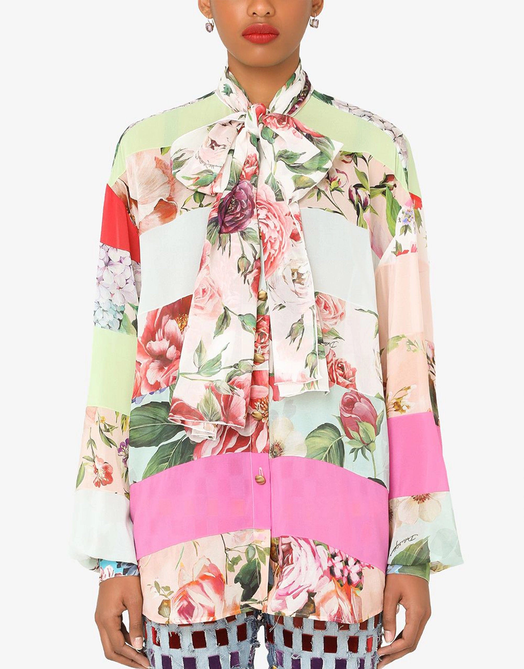 Dolce & Gabbana Multicolor Pussy-Bow Floral Shirt