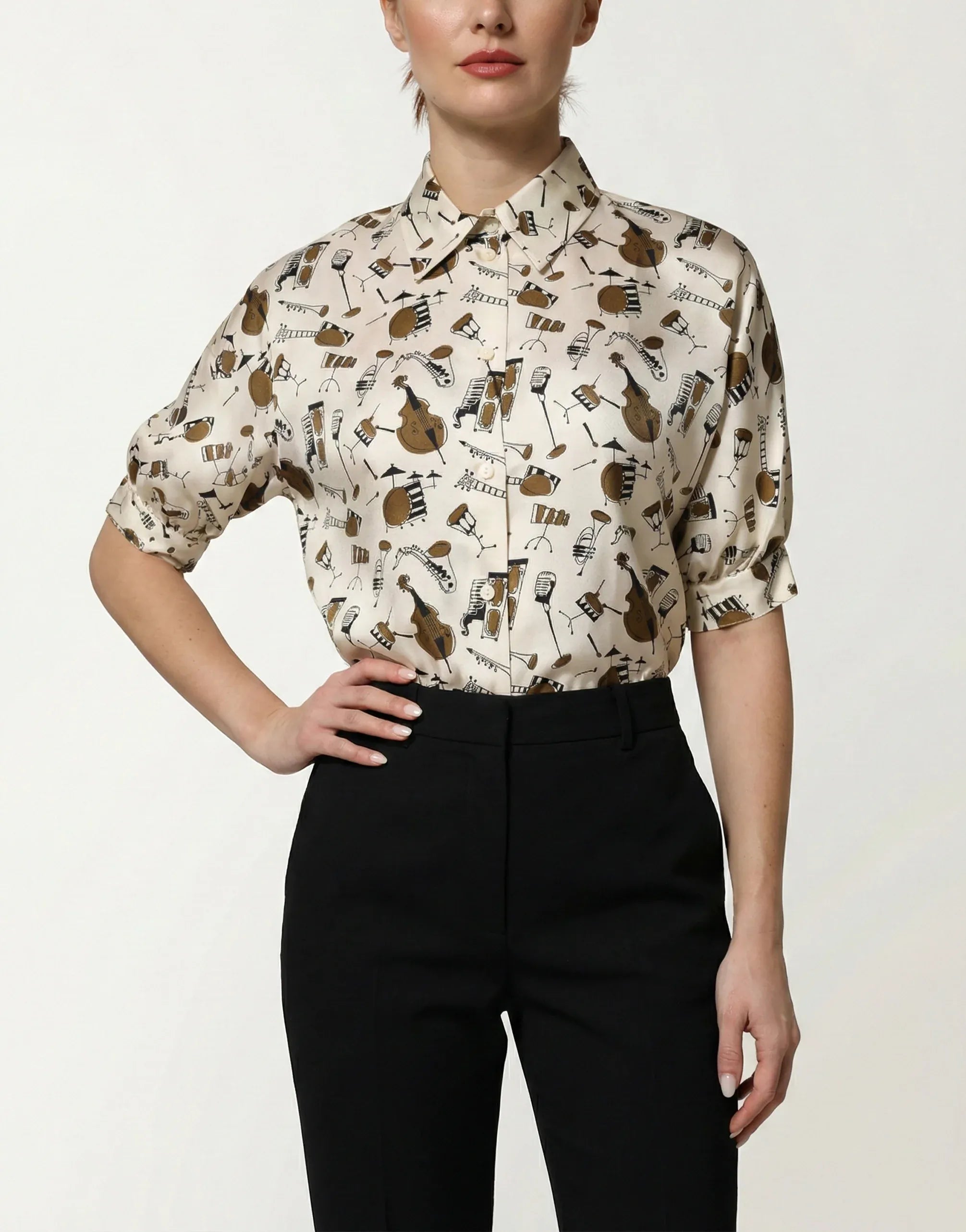 Dolce & Gabbana Musical Instrument Print Short-Sleeve Silk Shirt