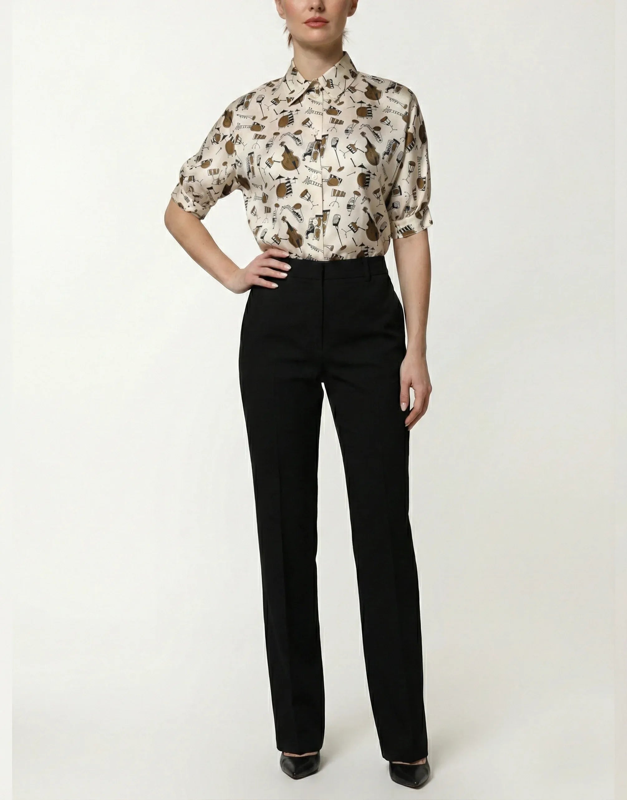 Dolce & Gabbana Musical Instrument Print Short-Sleeve Silk Shirt