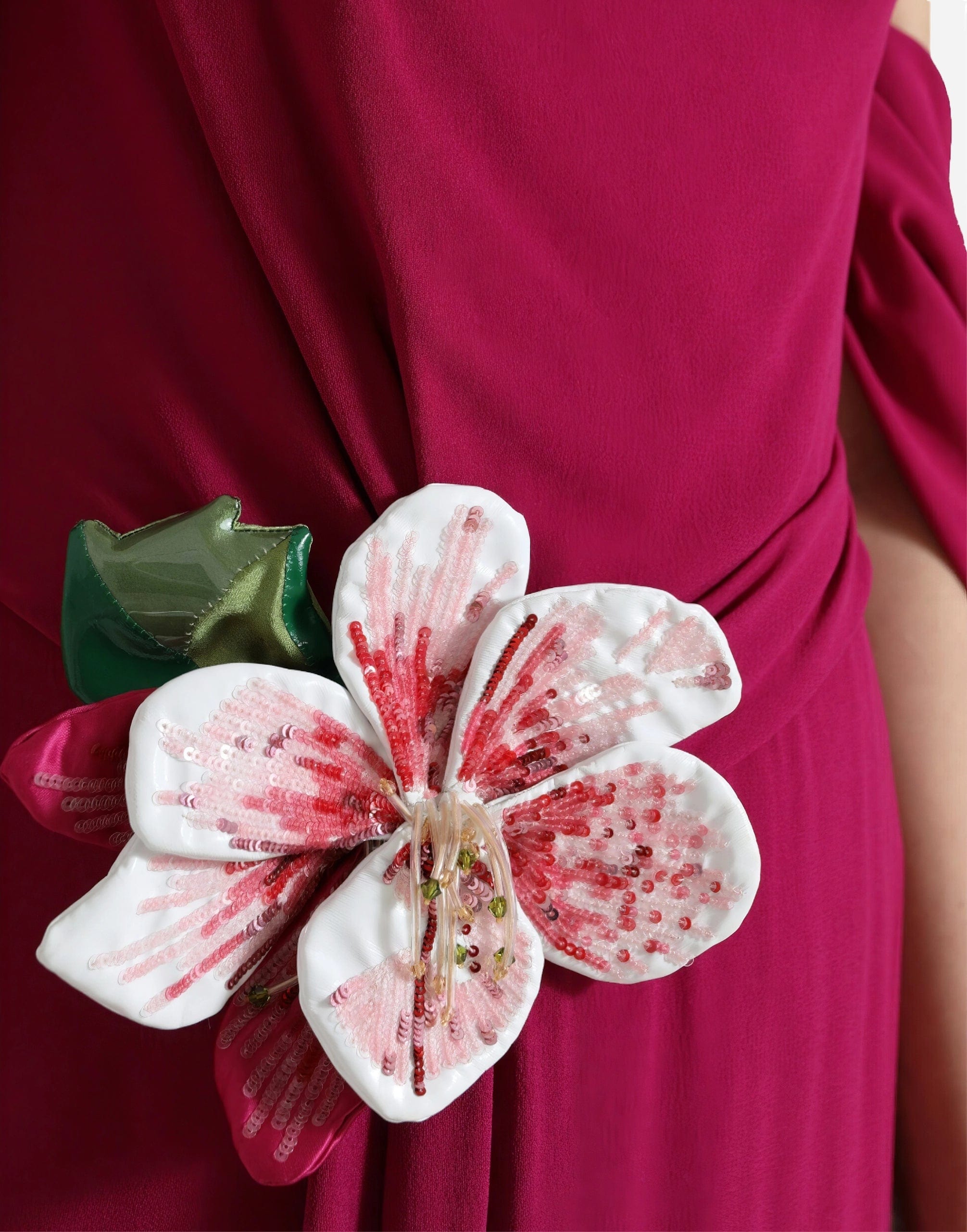 Dolce & Gabbana One-Shoulder Floral Appliqué Silk Dress