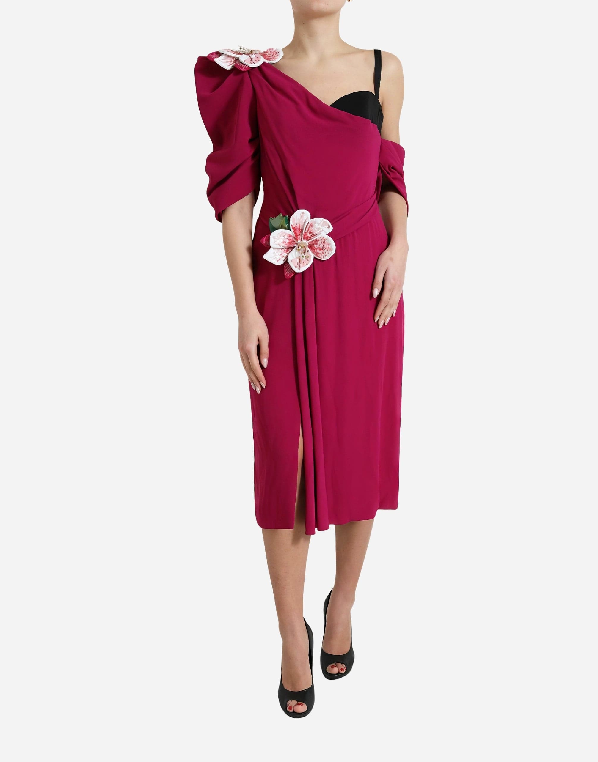 One-Shoulder Floral Appliqué Silk Dress