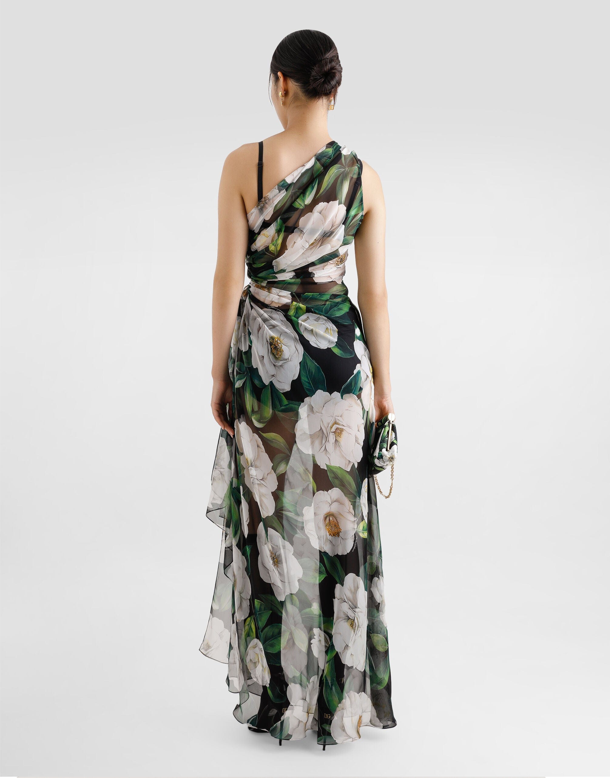 Dolce & Gabbana One-Shoulder Floral-Print Chiffon Dress