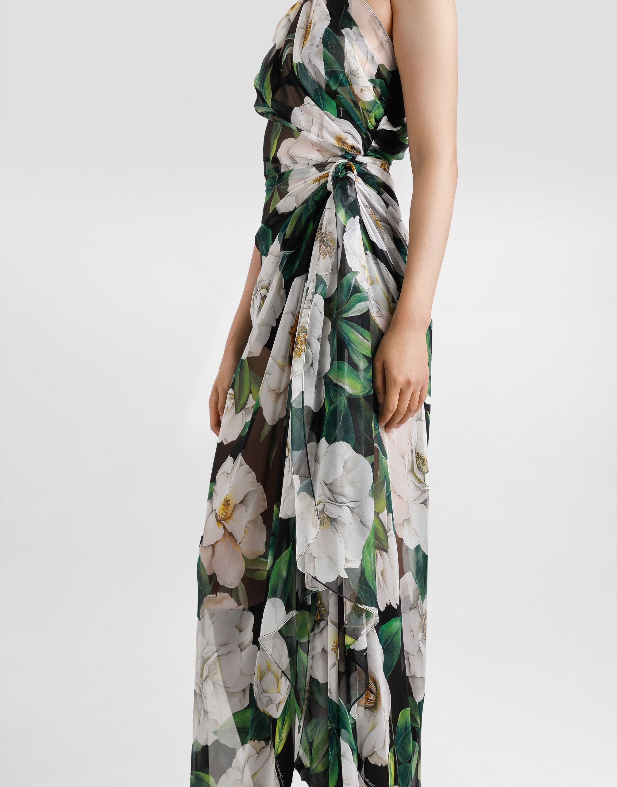 Dolce & Gabbana One-Shoulder Floral-Print Chiffon Dress