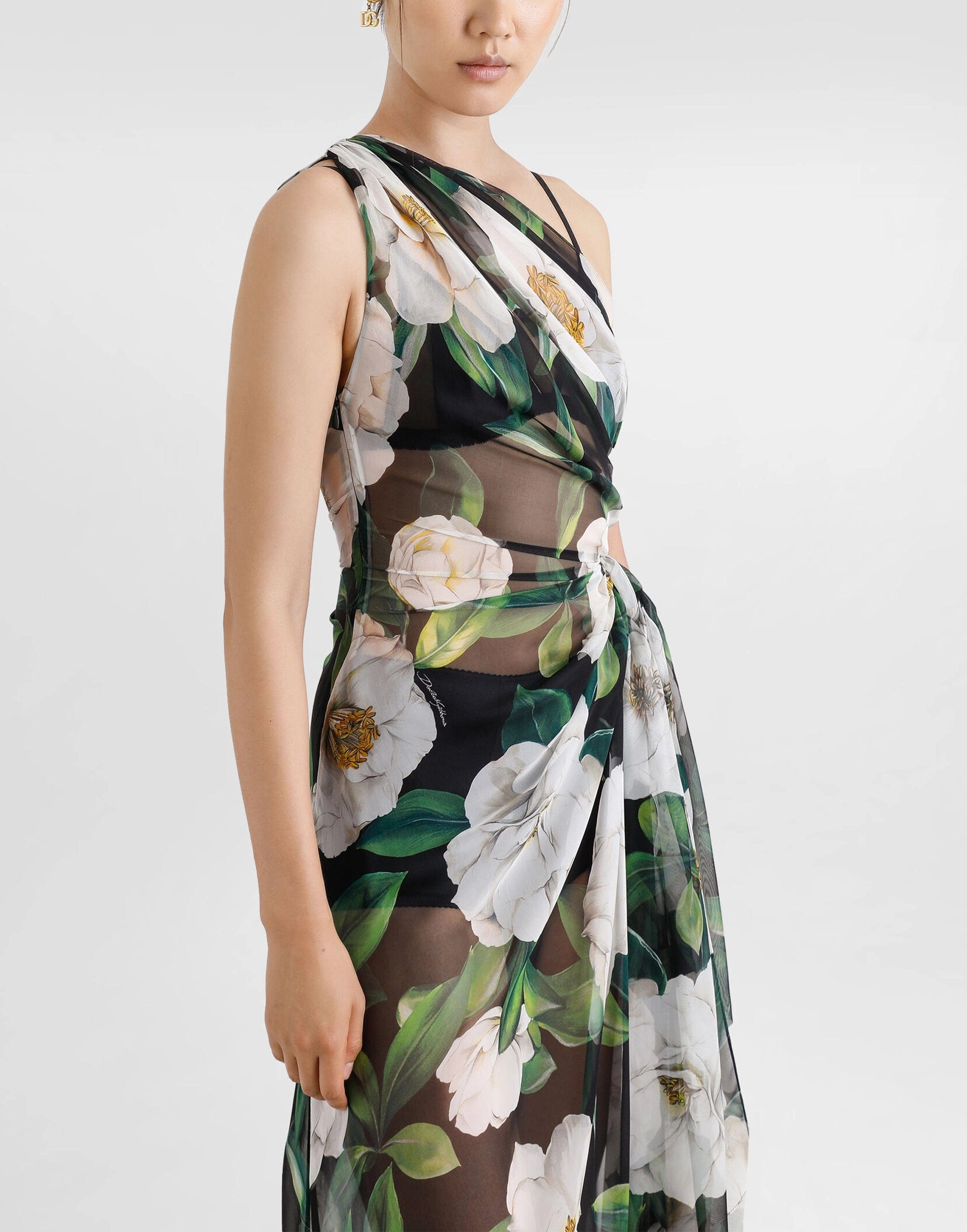 Dolce & Gabbana One-Shoulder Floral-Print Chiffon Dress