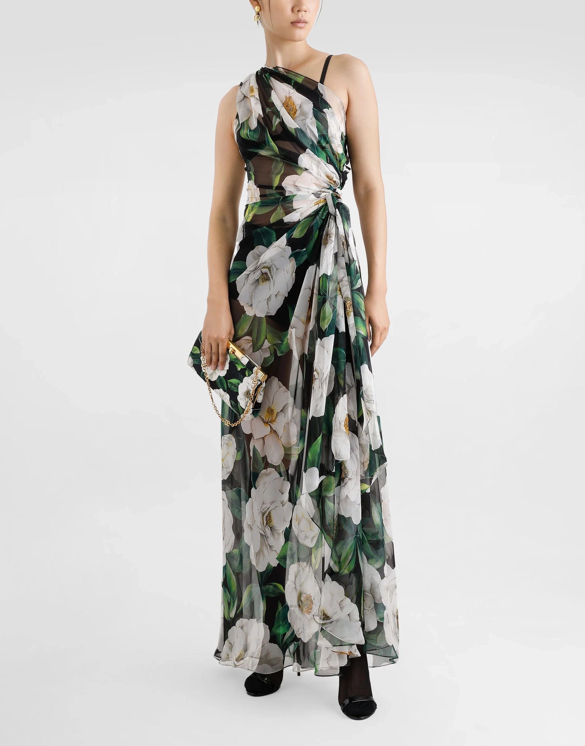 Dolce & Gabbana One-Shoulder Floral-Print Chiffon Dress