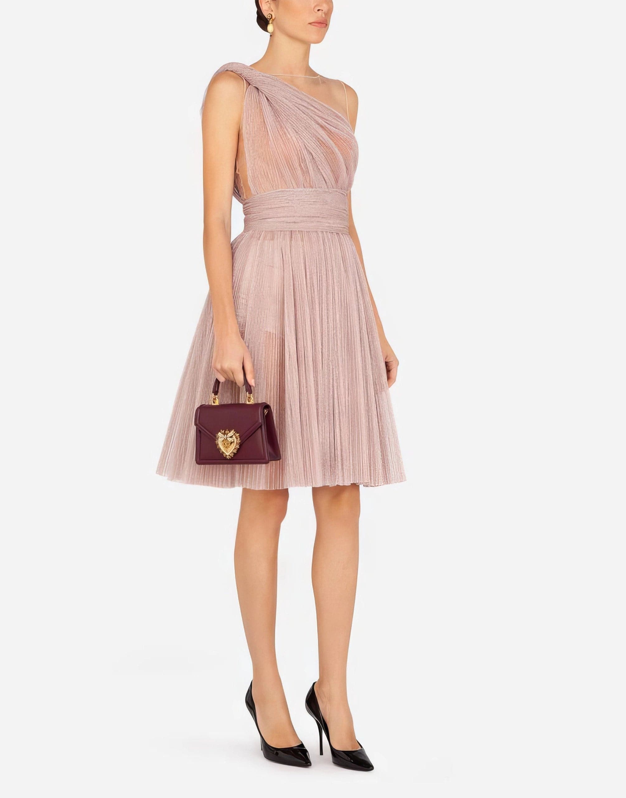 Dolce & Gabbana One-shoulder Midi Dress In Pleated Lamé Tulle