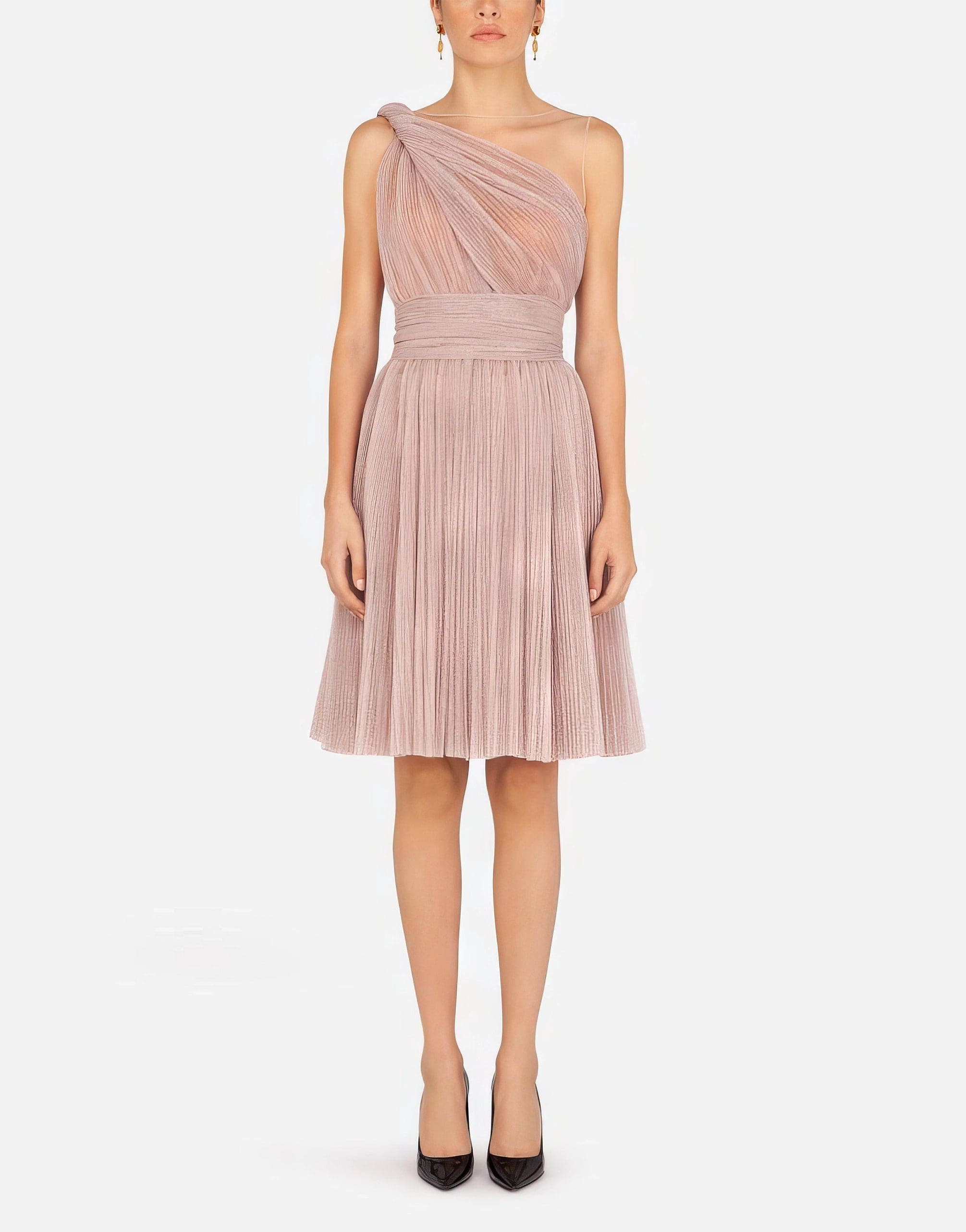 One-shoulder Midi Dress In Pleated Lamé Tulle