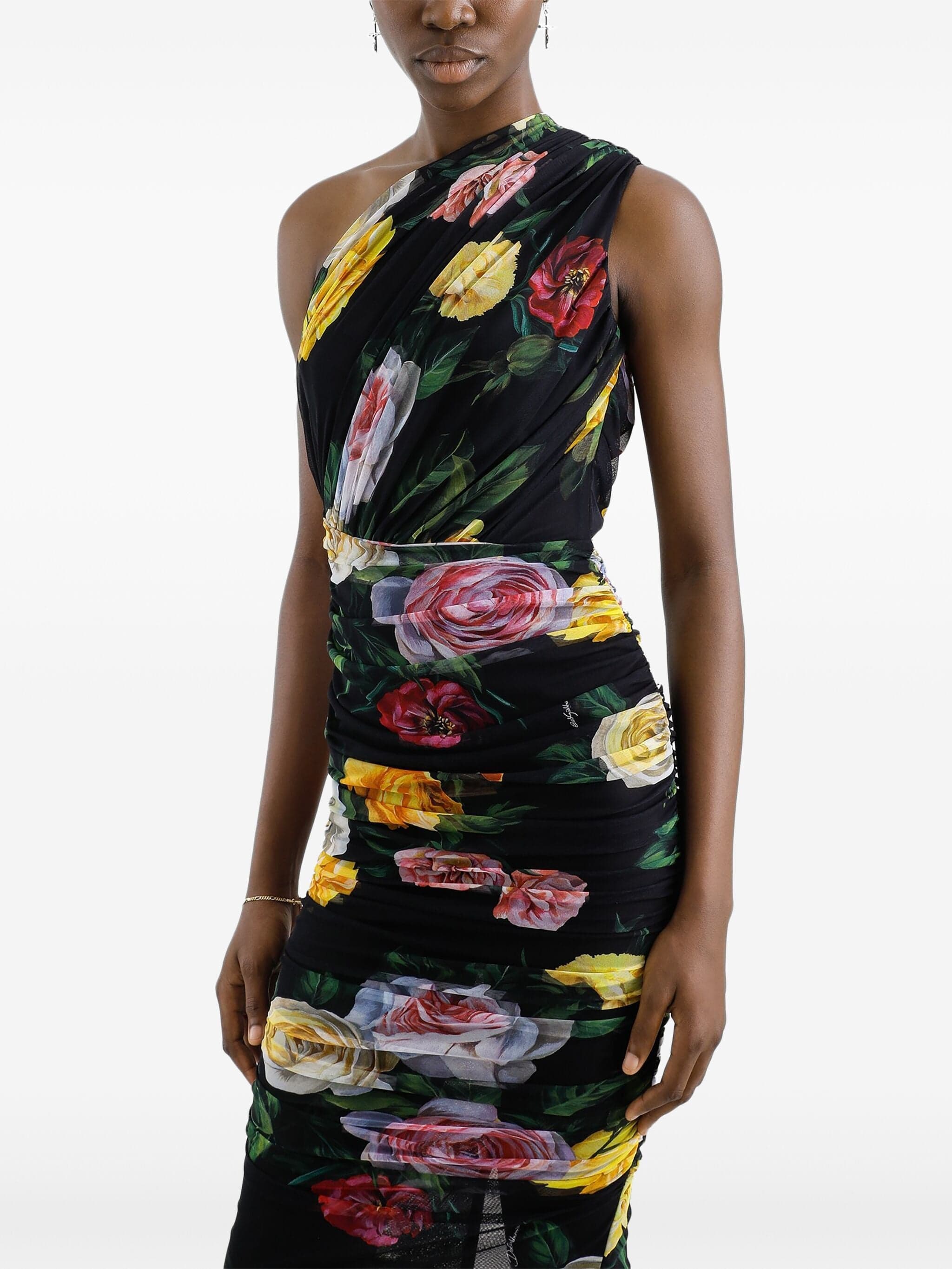 Dolce & Gabbana One-Shoulder Peony And Rose Print Dress