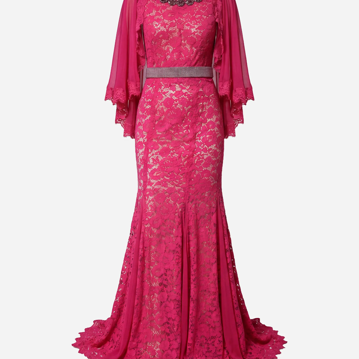 Pink Lace Crystal Sheath Long Gown Dress