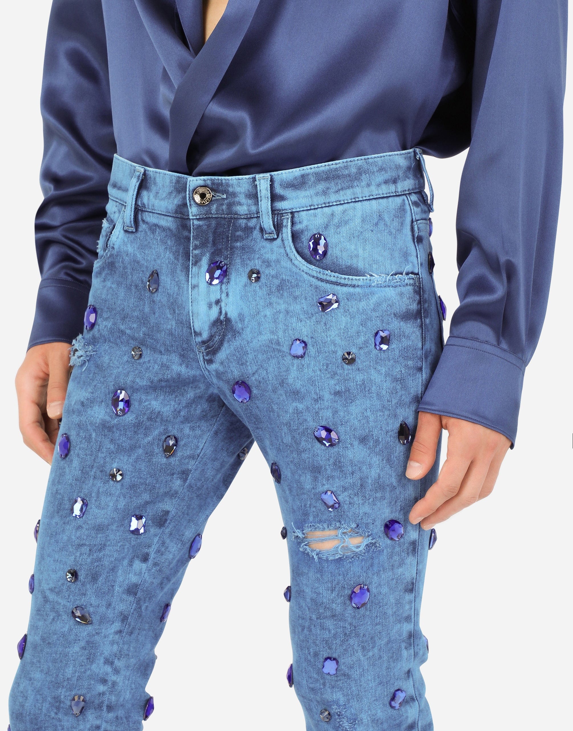 Jeans skinny stretch sovratinti con cristalli