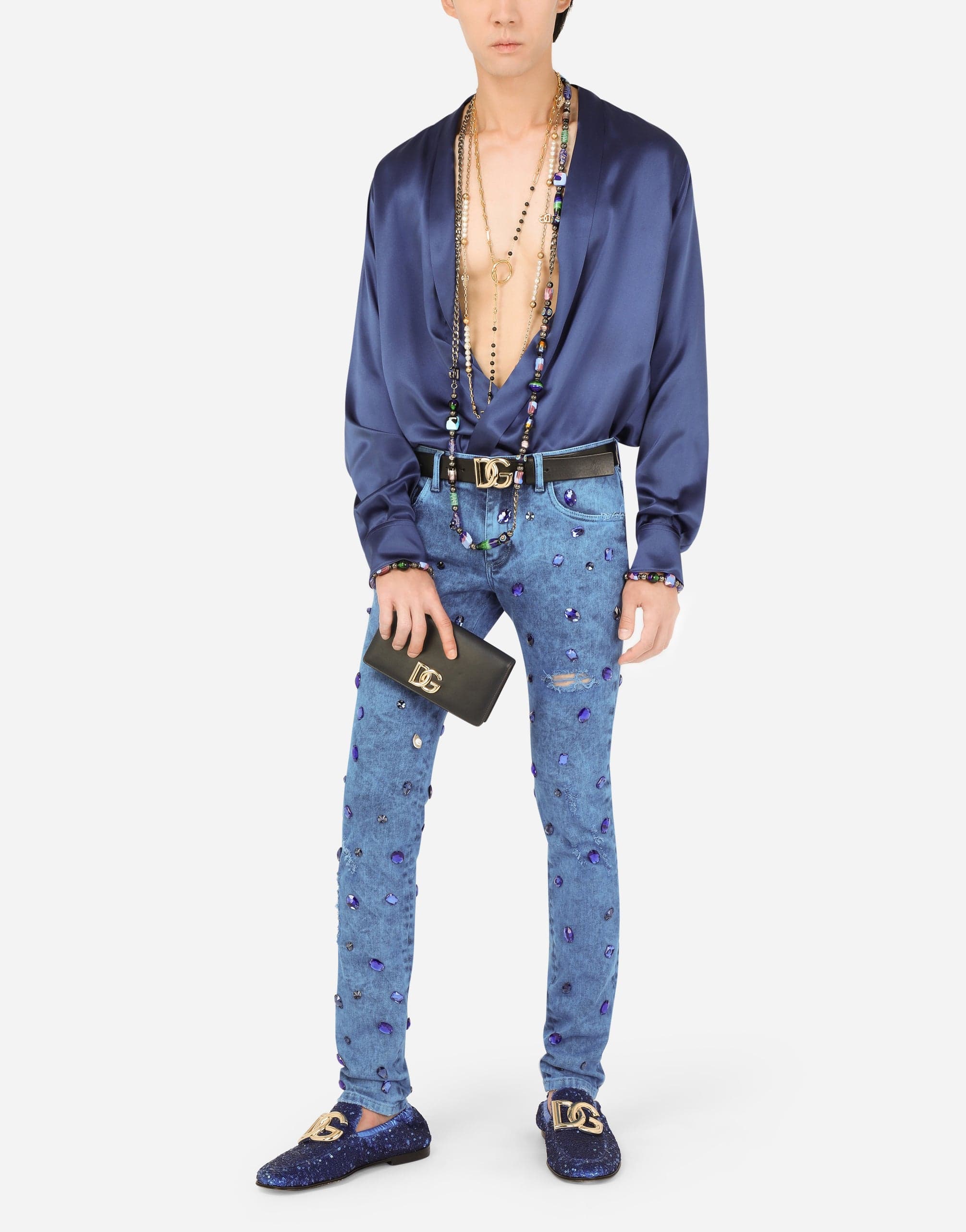 Over-Dyed Skinny Stretch Jeans With Crystals