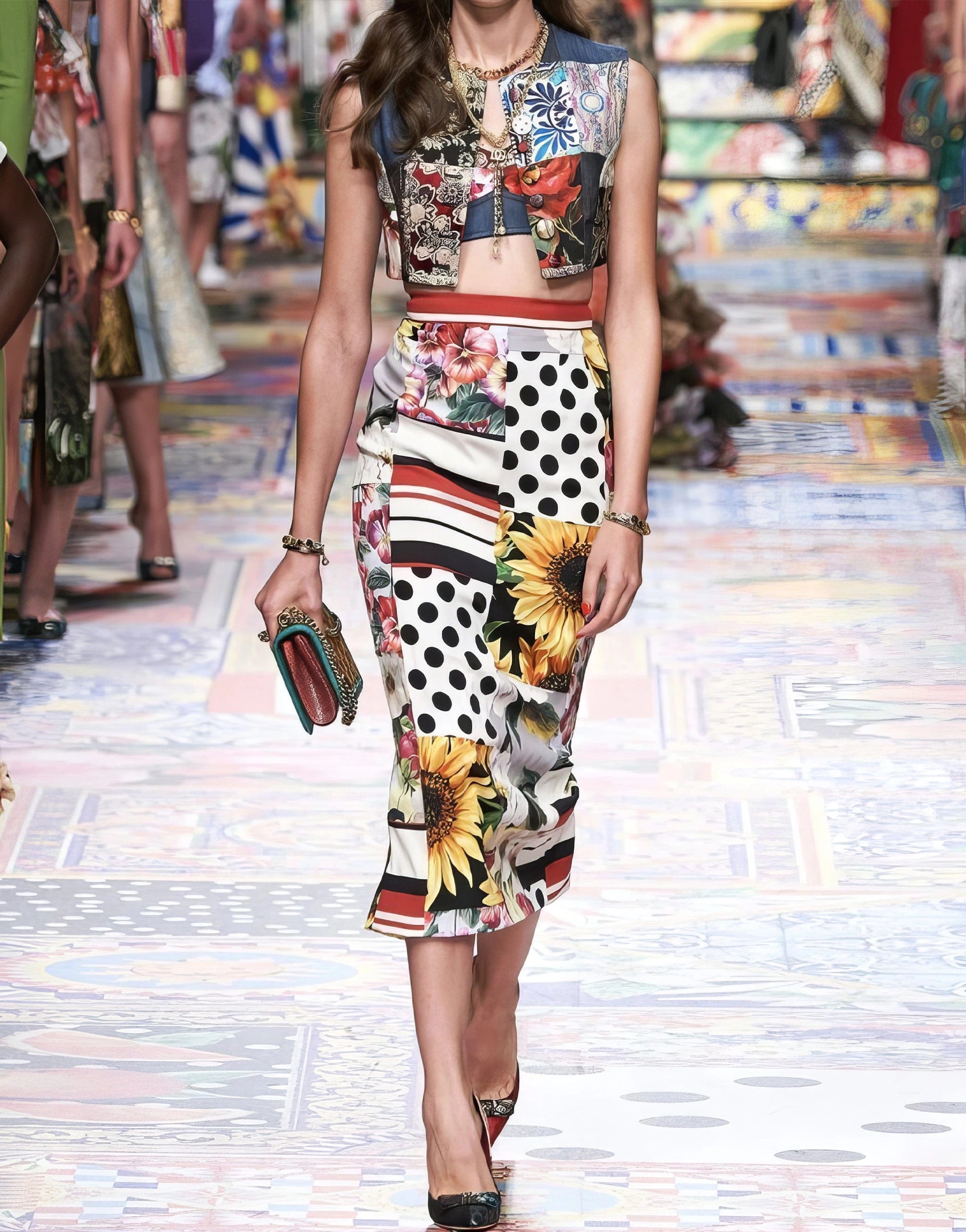 Dolce & Gabbana Patchwork Charmeuse Midi Skirt