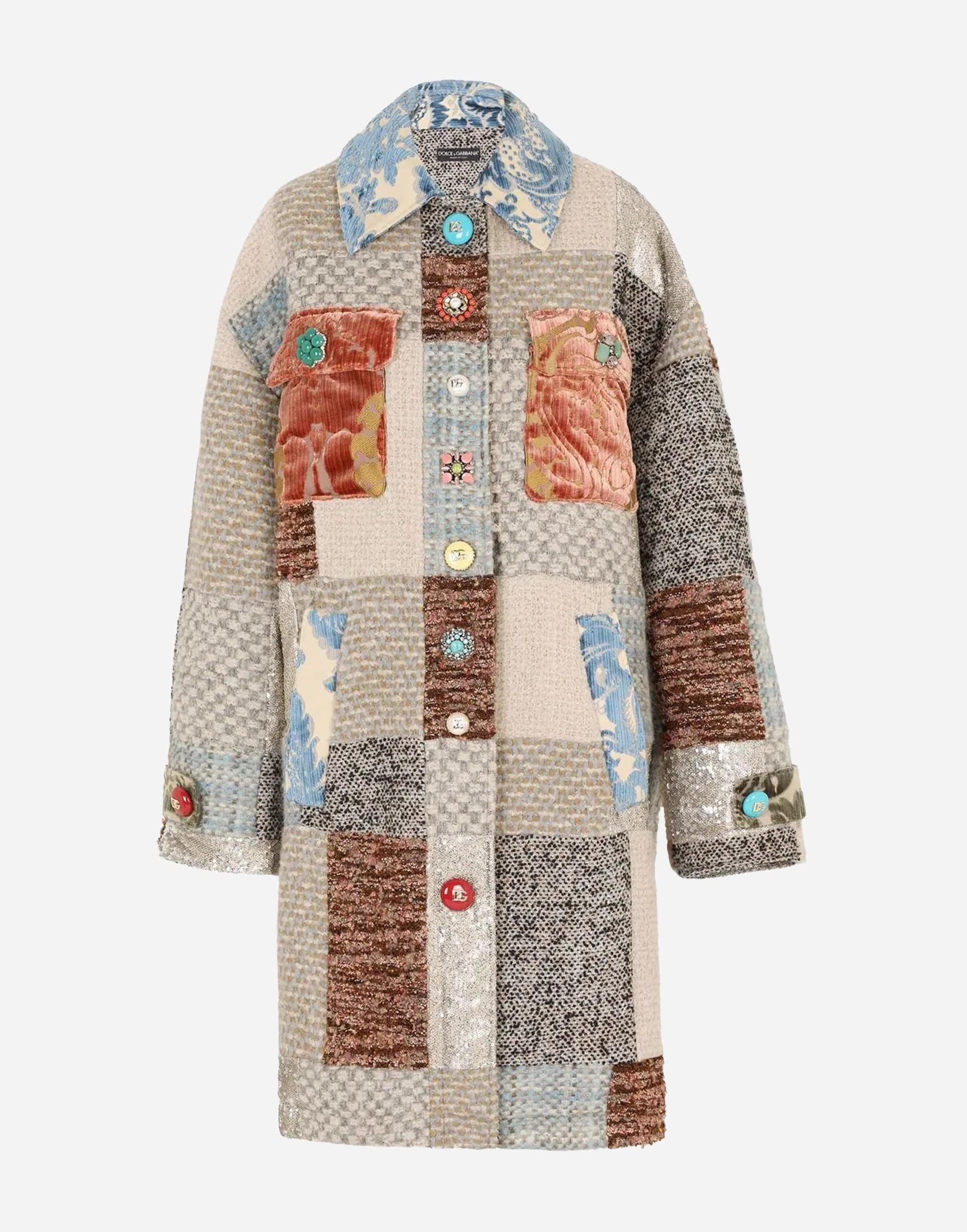Patchwork tweed cappotto con abbellimento ingioiellato