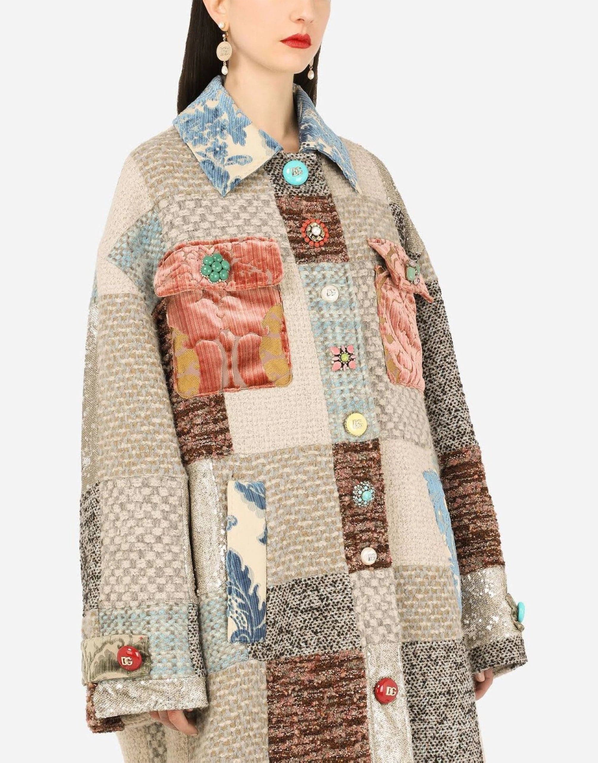 Dolce & Gabbana Patchwork Tweed Coat With Bejeweled Embellishment