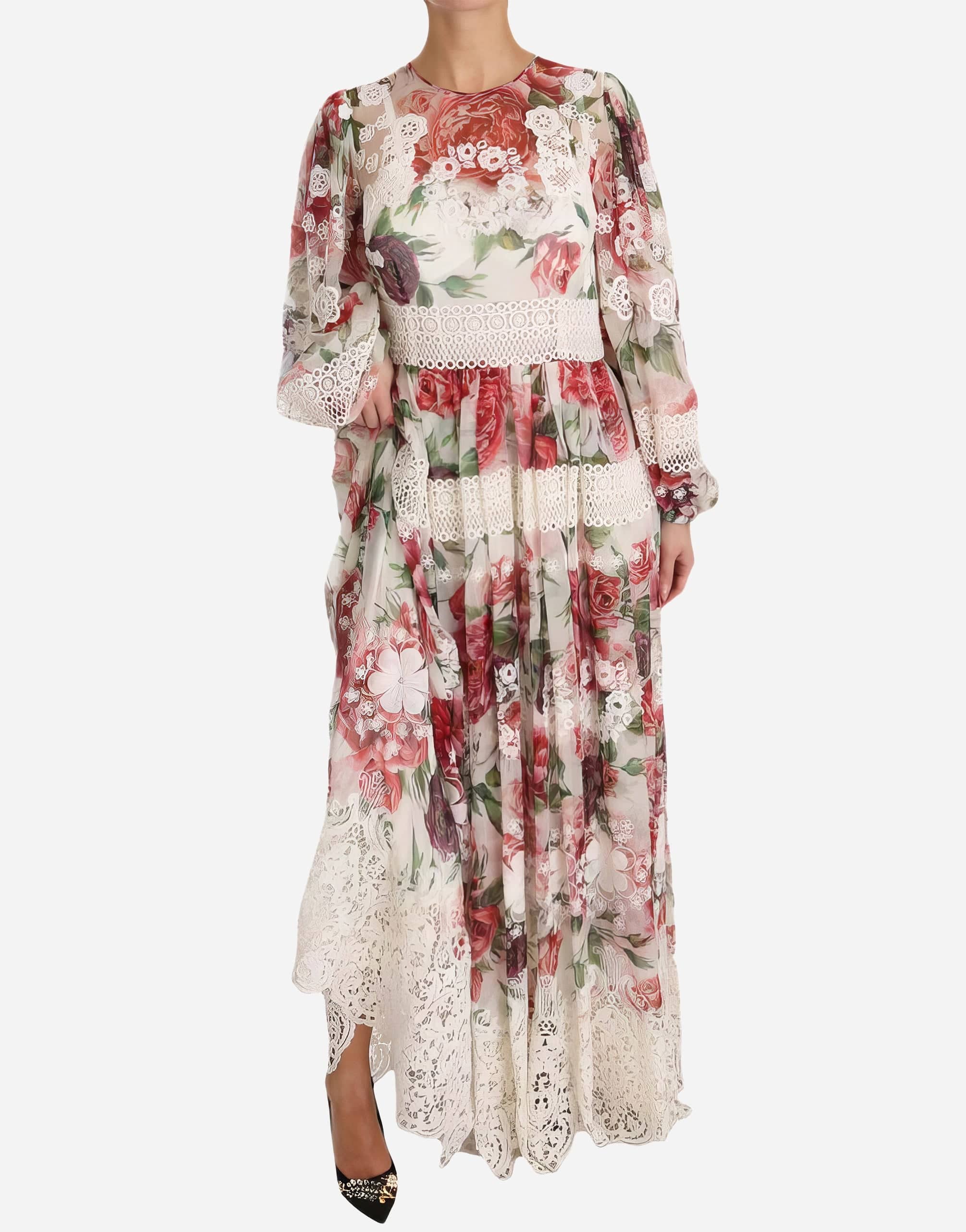 Peony And Rose-Print Chiffon Gown