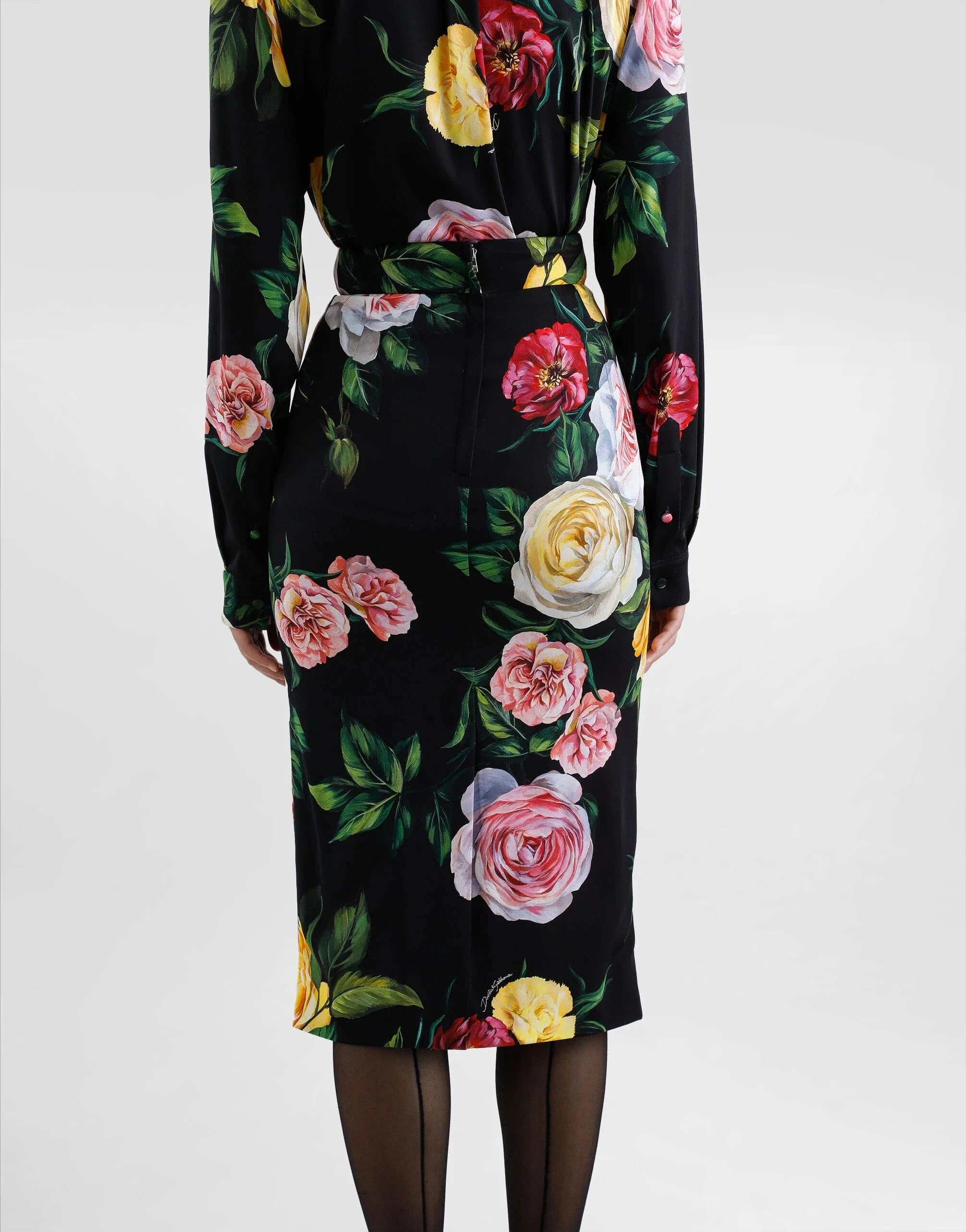 Dolce & Gabbana Peony Rose-Print Midi Skirt