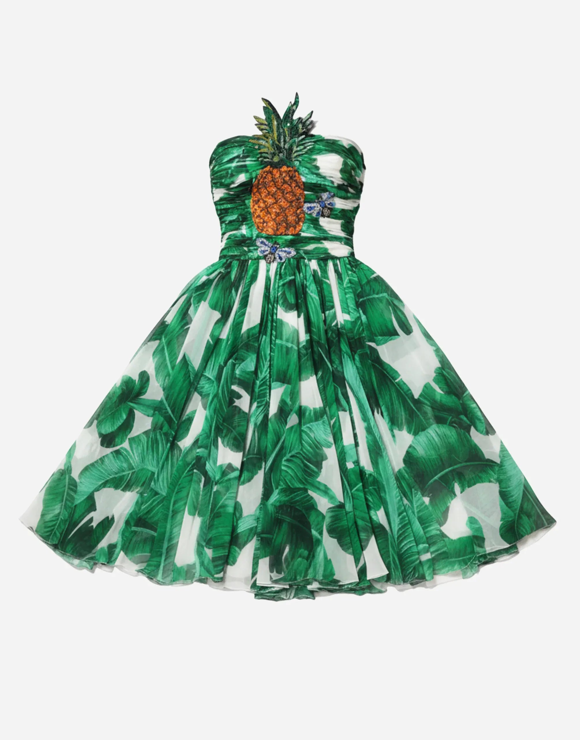 Dolce & Gabbana Pineapple Embellished Banana Leaf-Print Strapless Dress