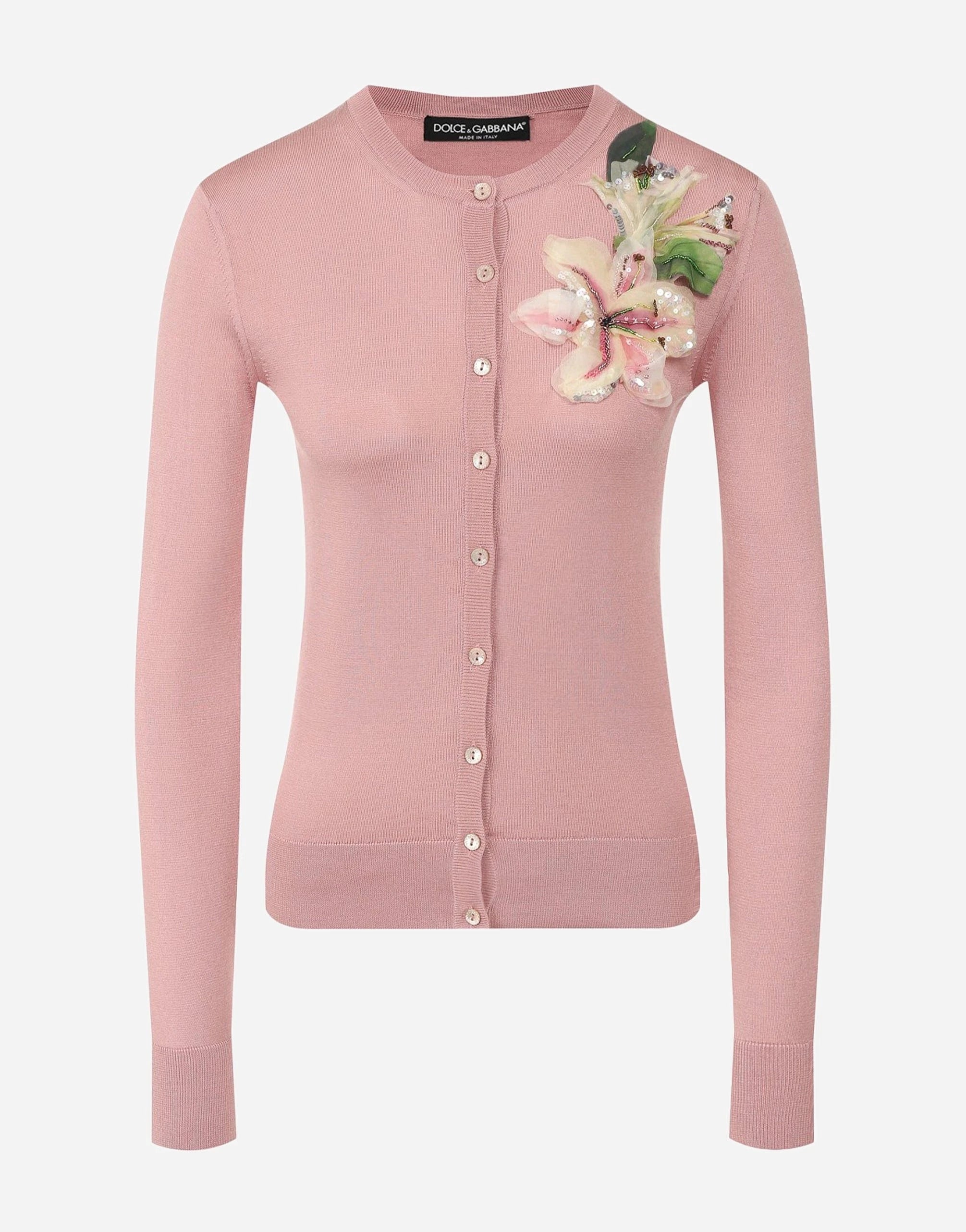 Dolce & Gabbana Pink Floral-Appliqué Silk Cardigan
