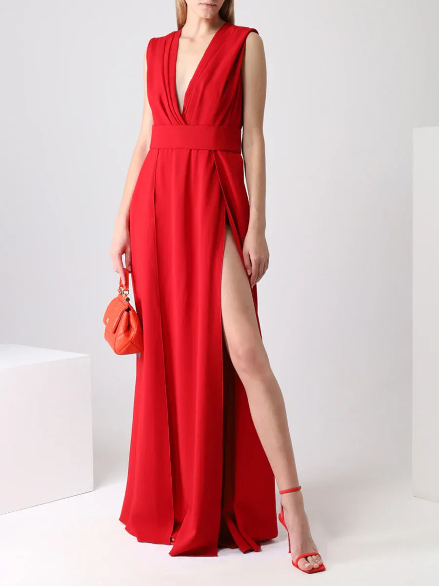 Dolce & Gabbana Plunging V-Neck Pleated Bodice Gown