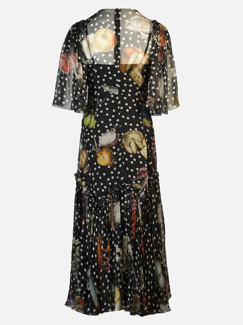 Gaun midi sutra lipit polka dot Sendegaro MY