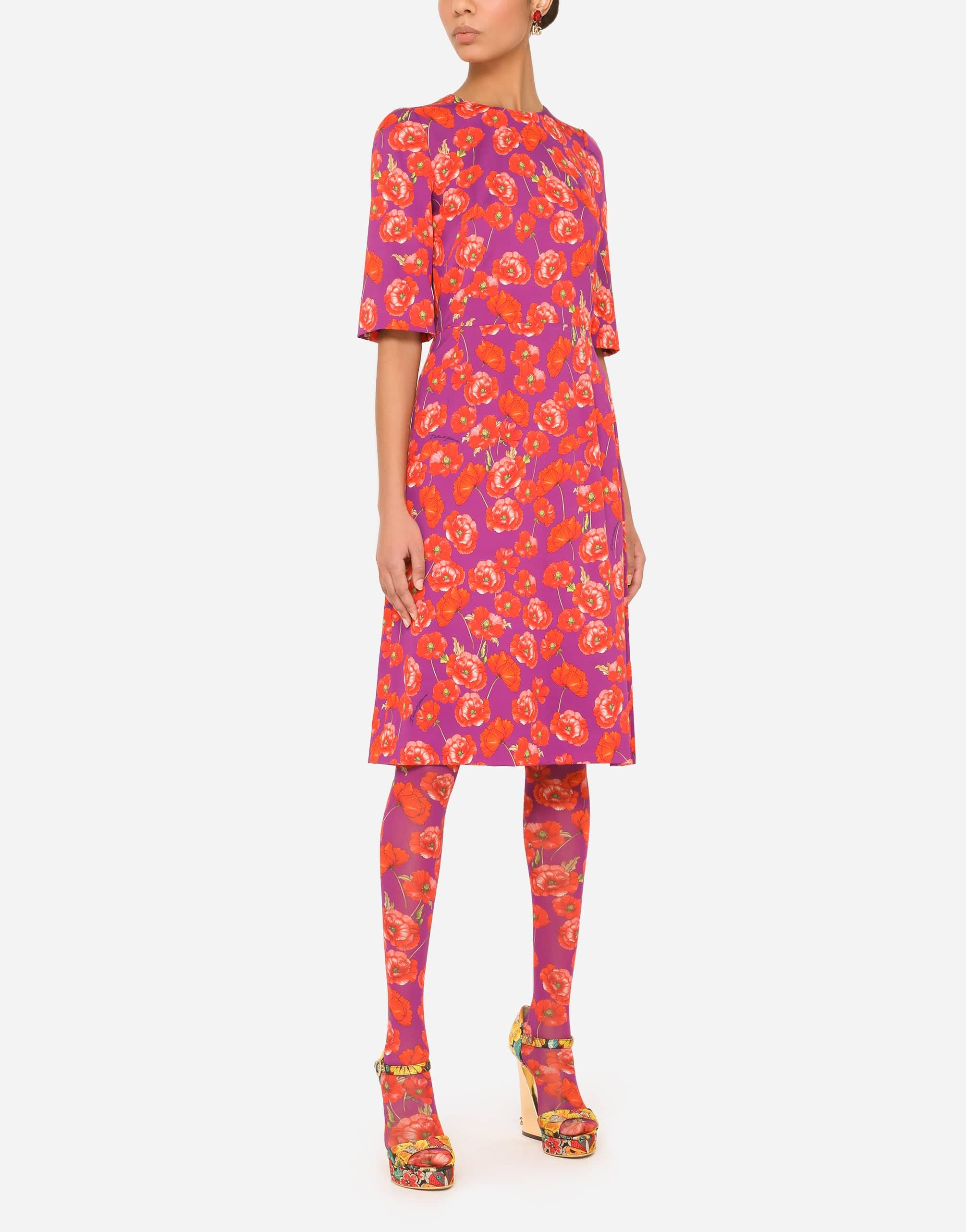 Dolce & Gabbana Poppy-Print Three-Quarter Sleeve Dress