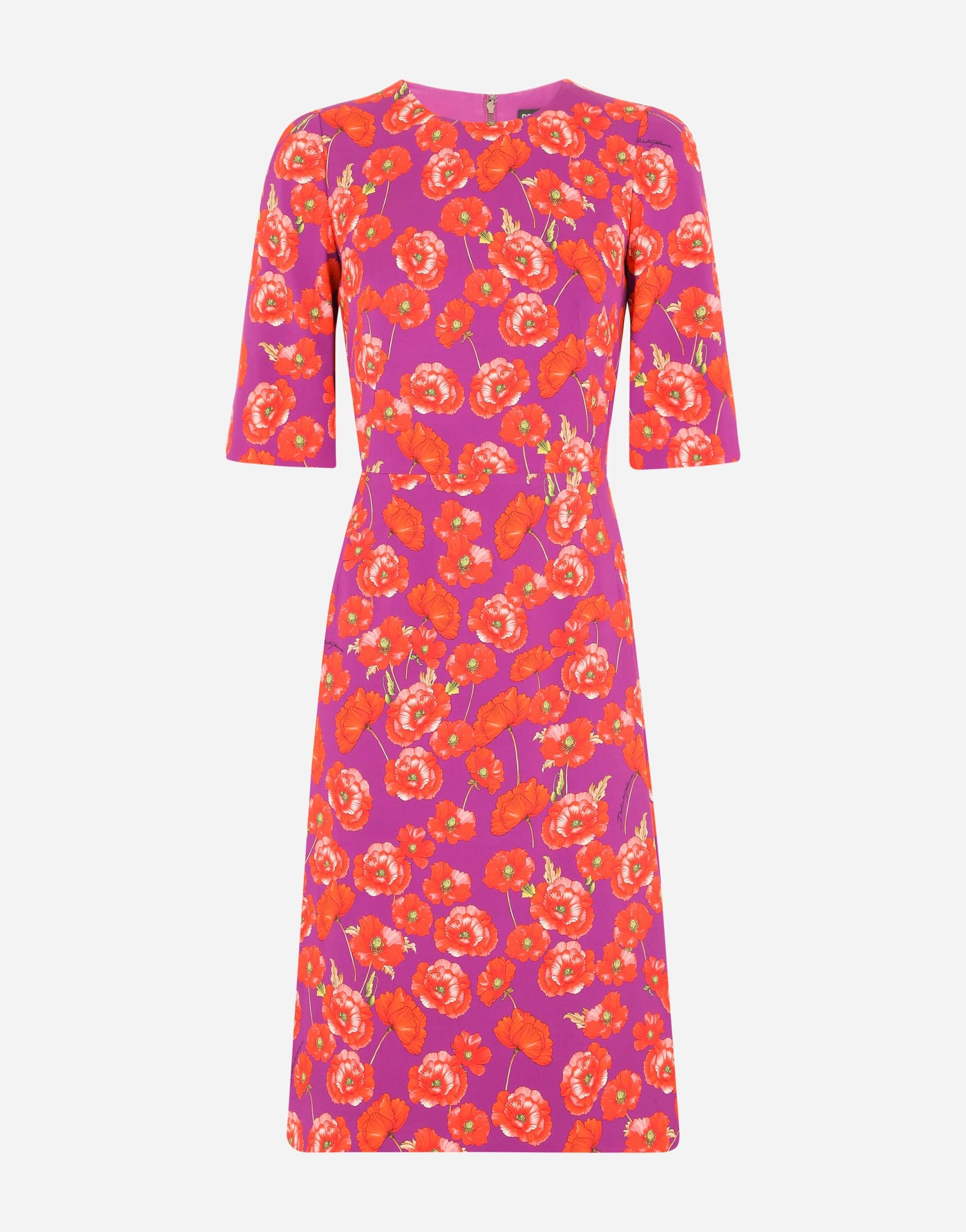 Poppy-Print Three-Quarter Sleeve Dress