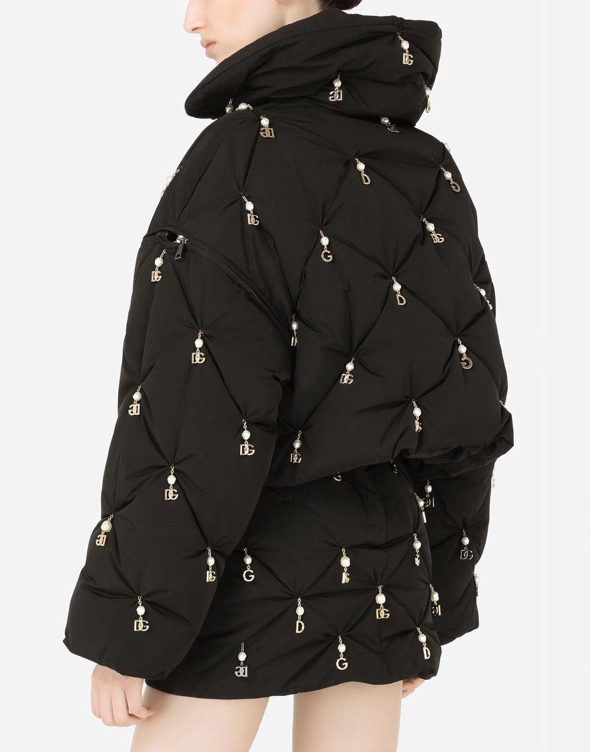 Quilted Down Jacket With Pearl Pendant Embellishment