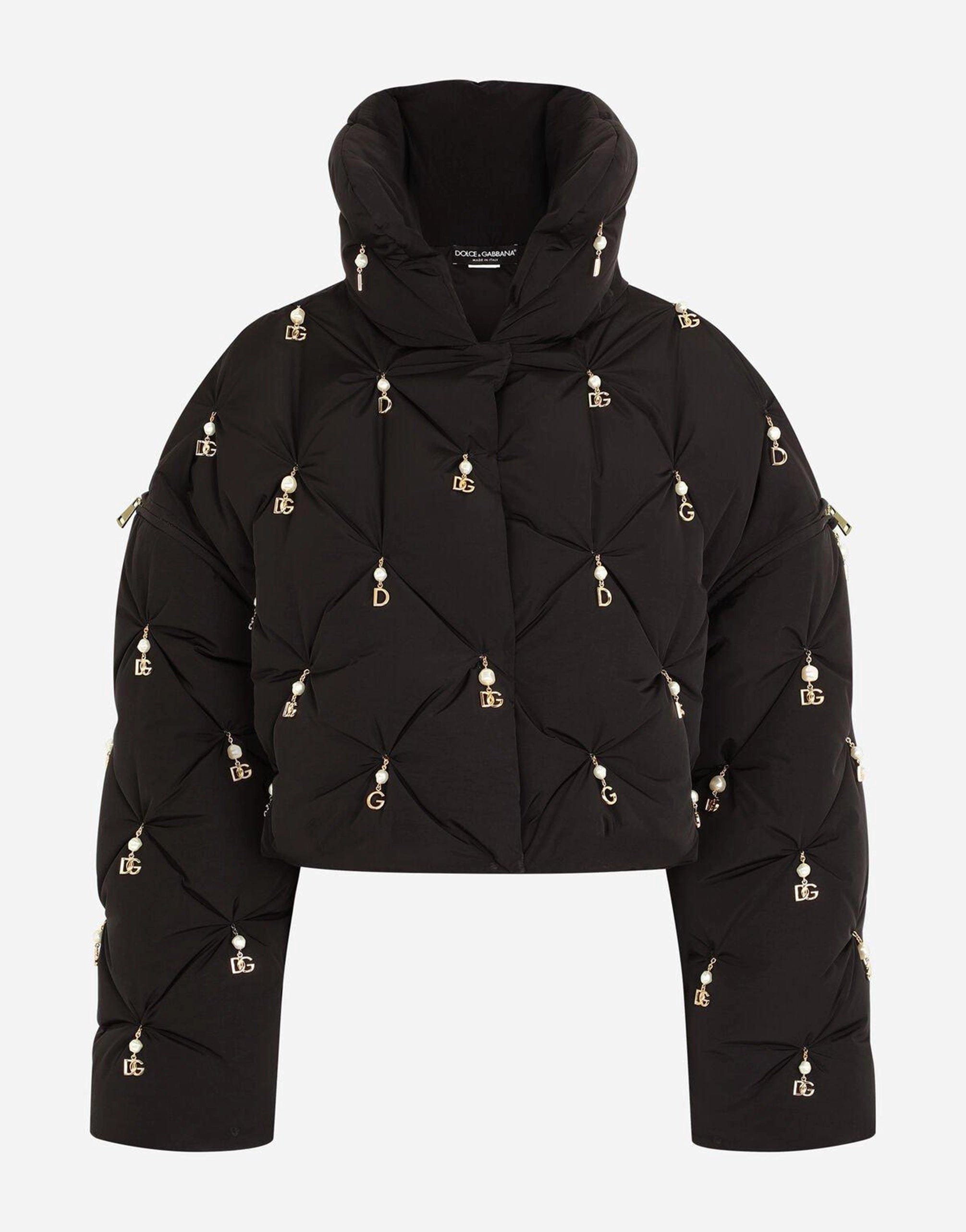 Quilted Down Jacket With Pearl Pendant Embellishment