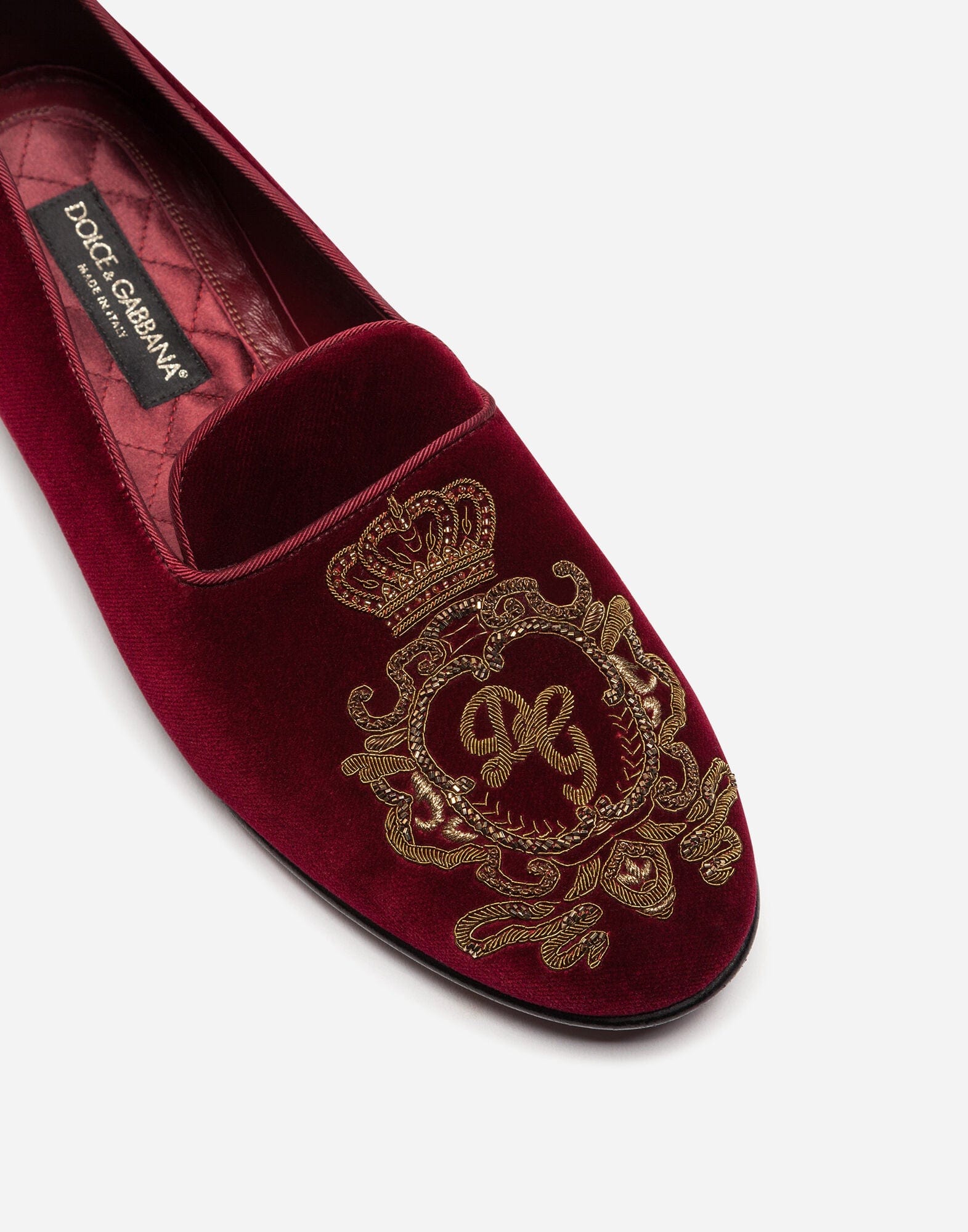 Dolce & Gabbana Red Velvet Gold Crown Mens Loafers Shoes