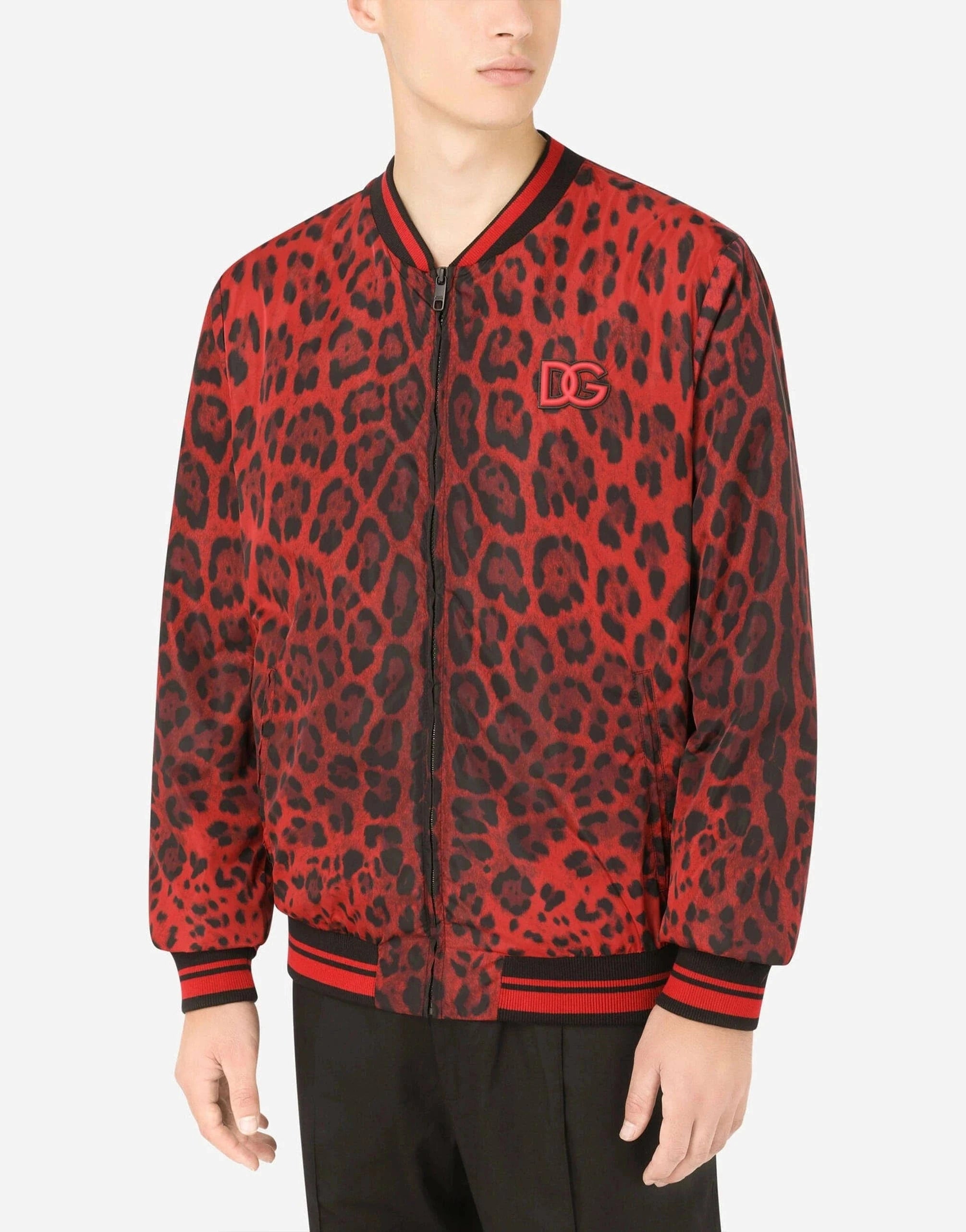 Dolce & Gabbana Red Leopard-Print Bomber Jacket