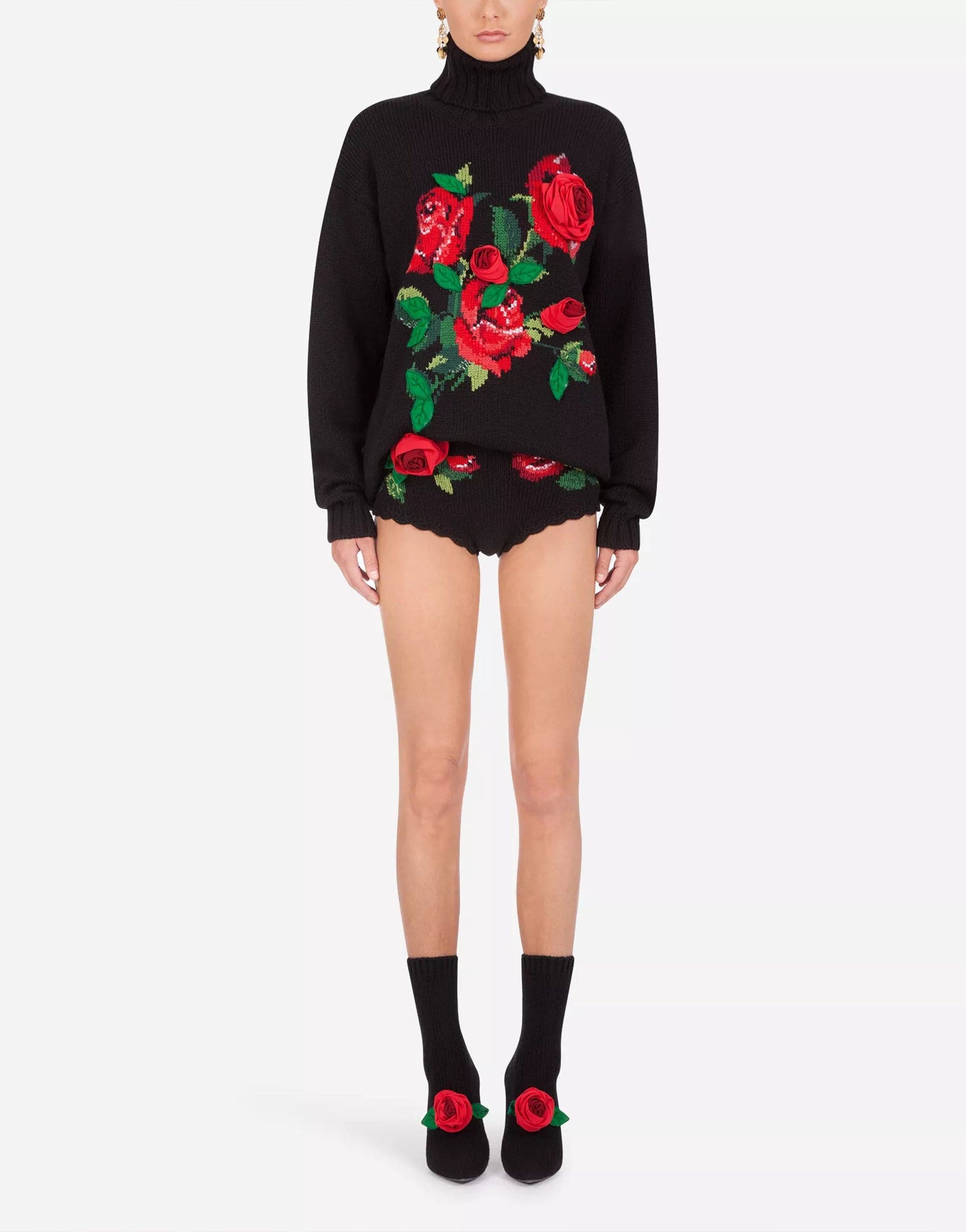 Dolce & Gabbana Rose Embroidery Turtle-Neck Sweater
