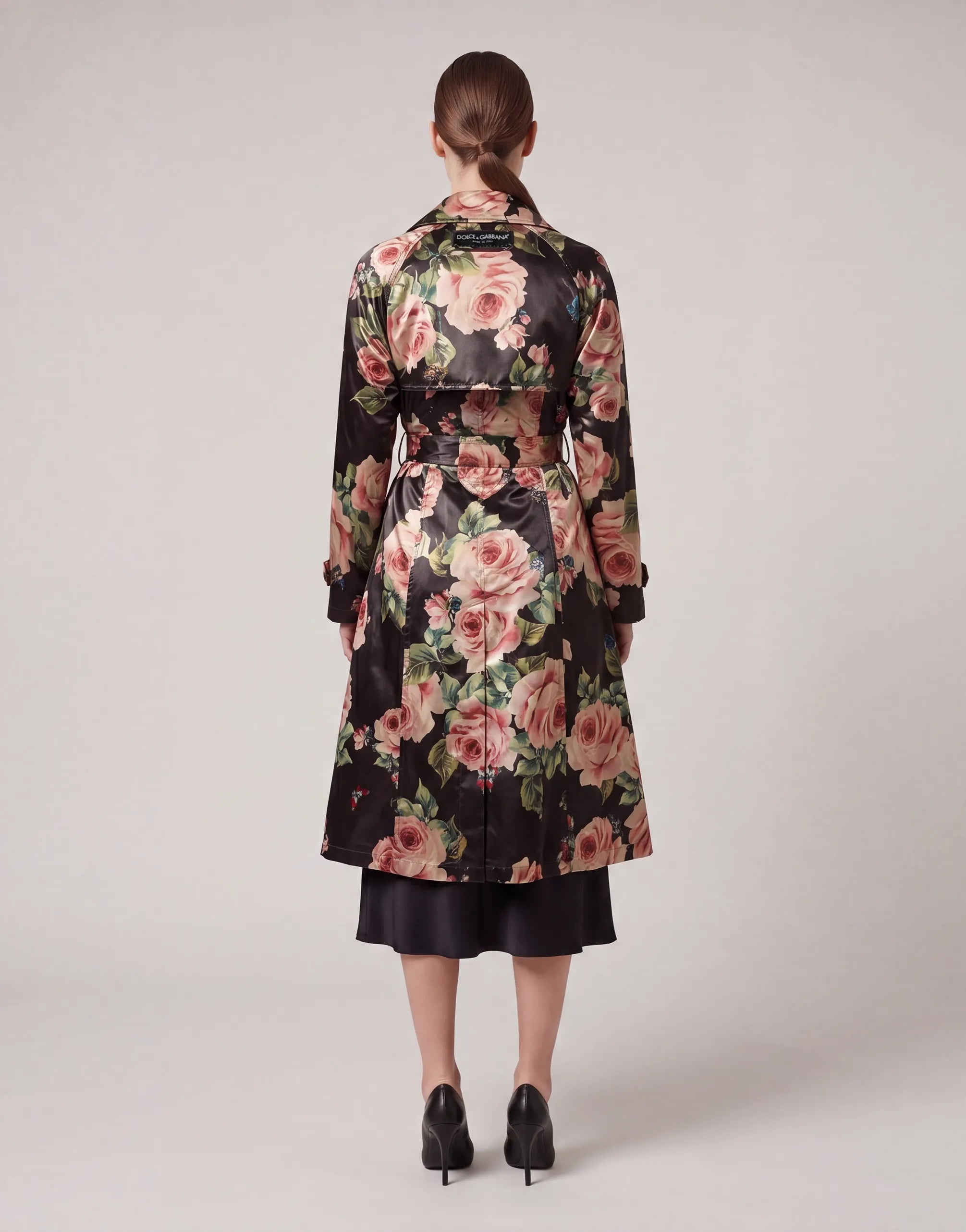 Dolce & Gabbana Rose Print Belted Trench Coat with Crystal Buttons