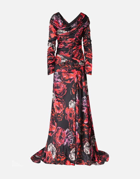 rose print formal dress Rosemarnder Rose Pink Jacquard Flowers Prom Dress
