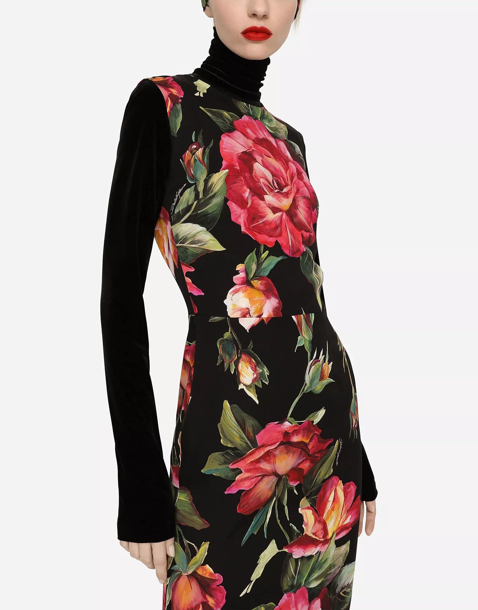 Rose-Print Charmeuse Midi Dress