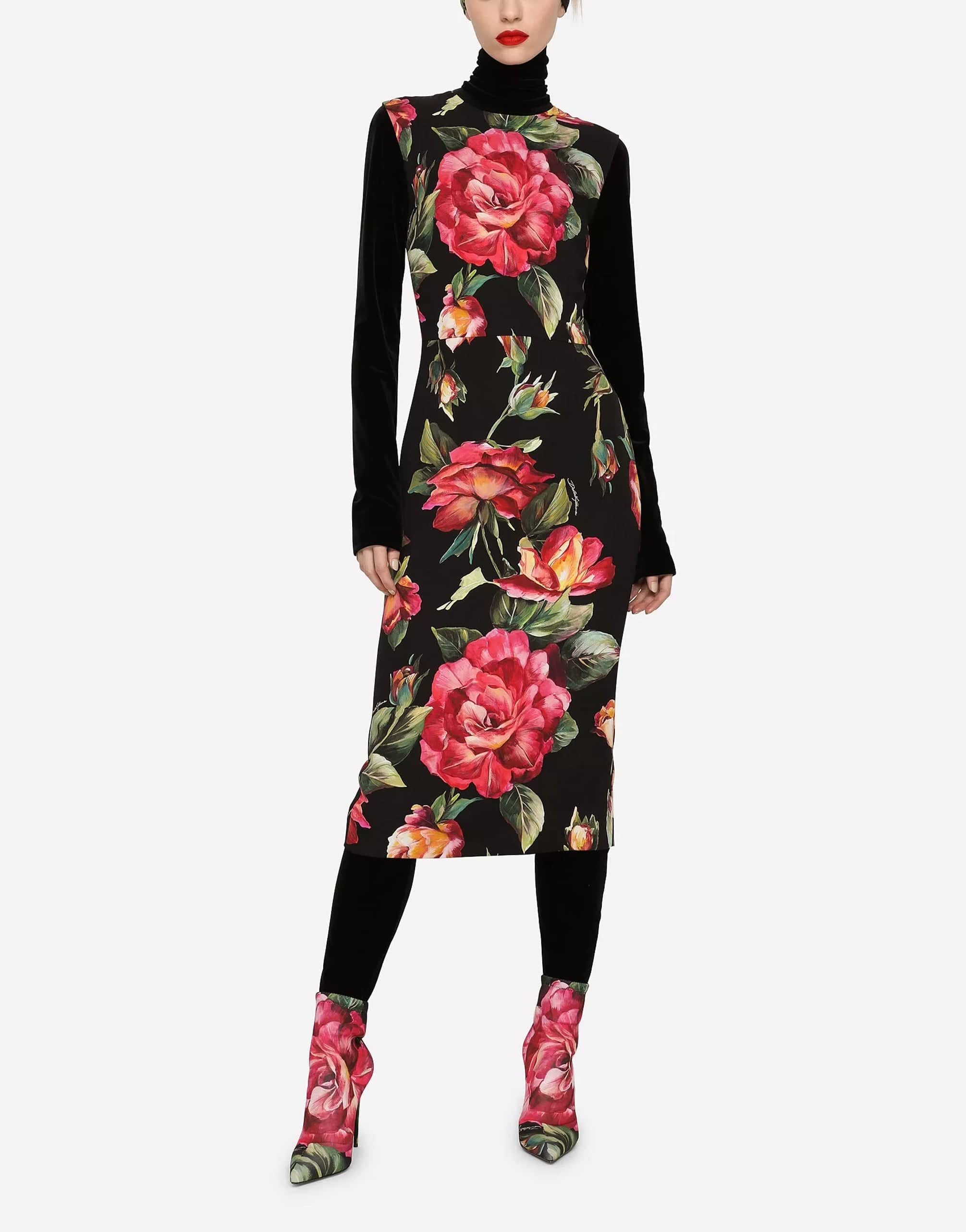 Rose-Print Charmeuse Midi Dress