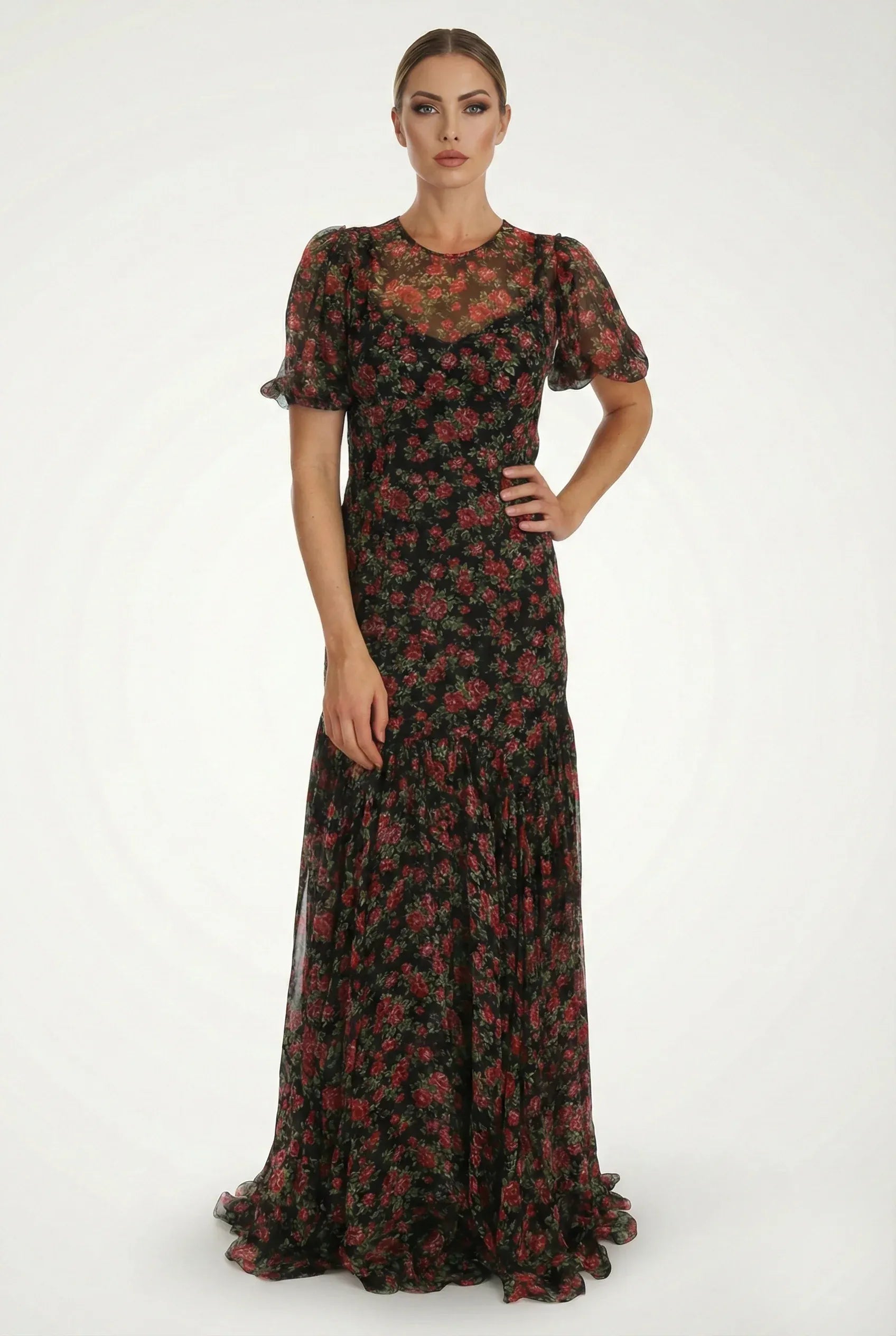 Rozenprint chiffon maxi-jurk  - alternate view