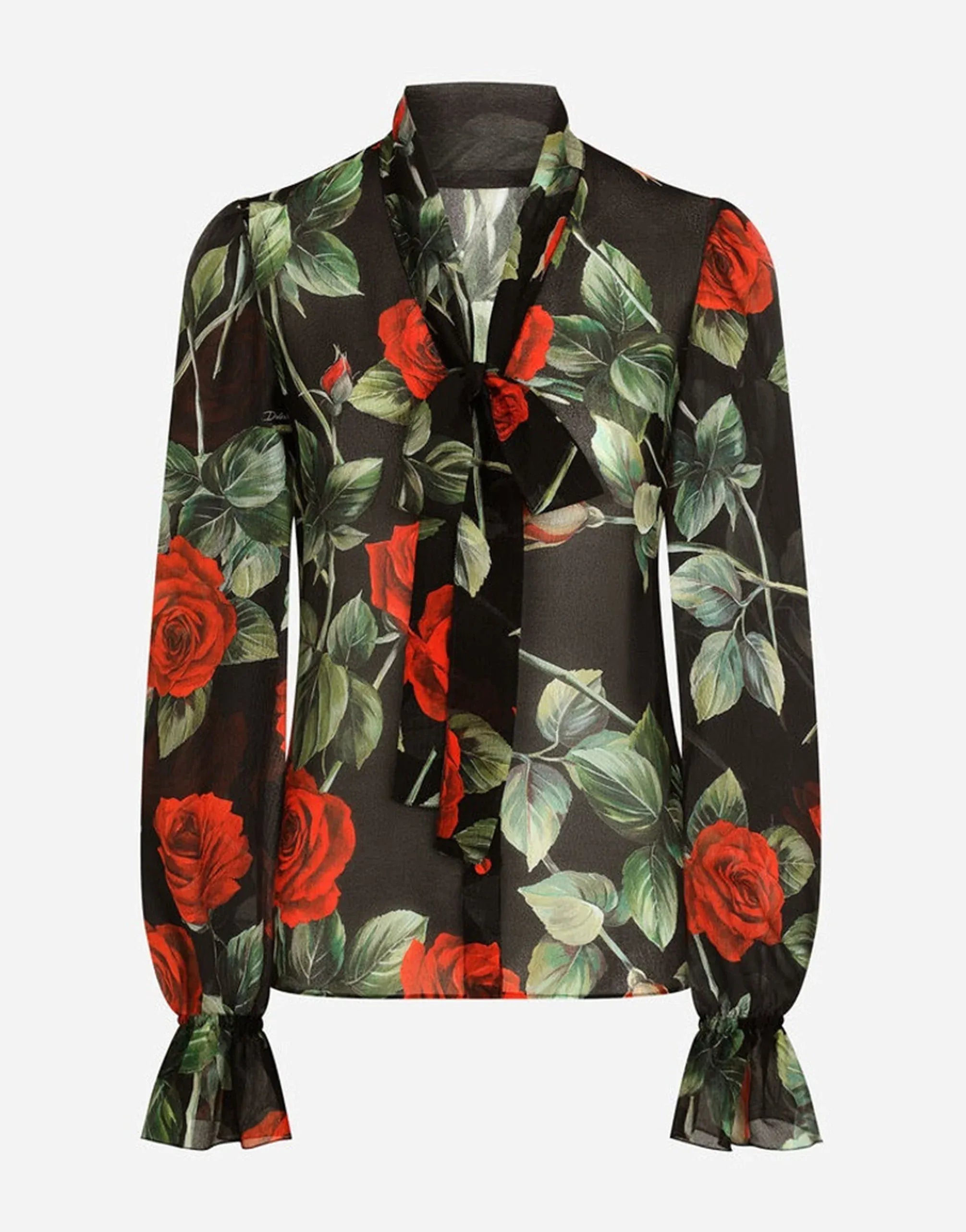 Dolce & Gabbana Rose Print Chiffon Pussy-Bow Shirt