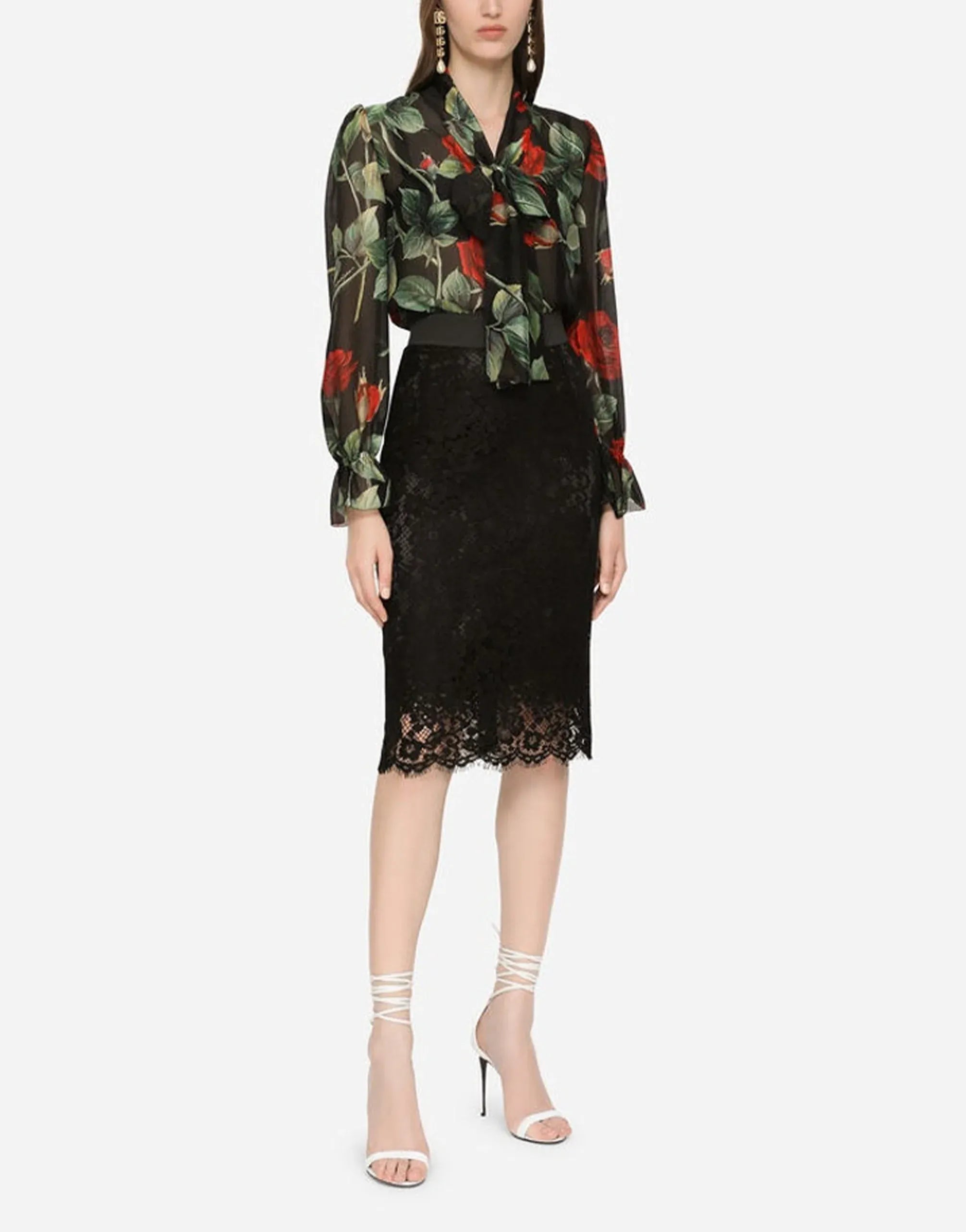 Dolce & Gabbana Rose Print Chiffon Pussy-Bow Shirt