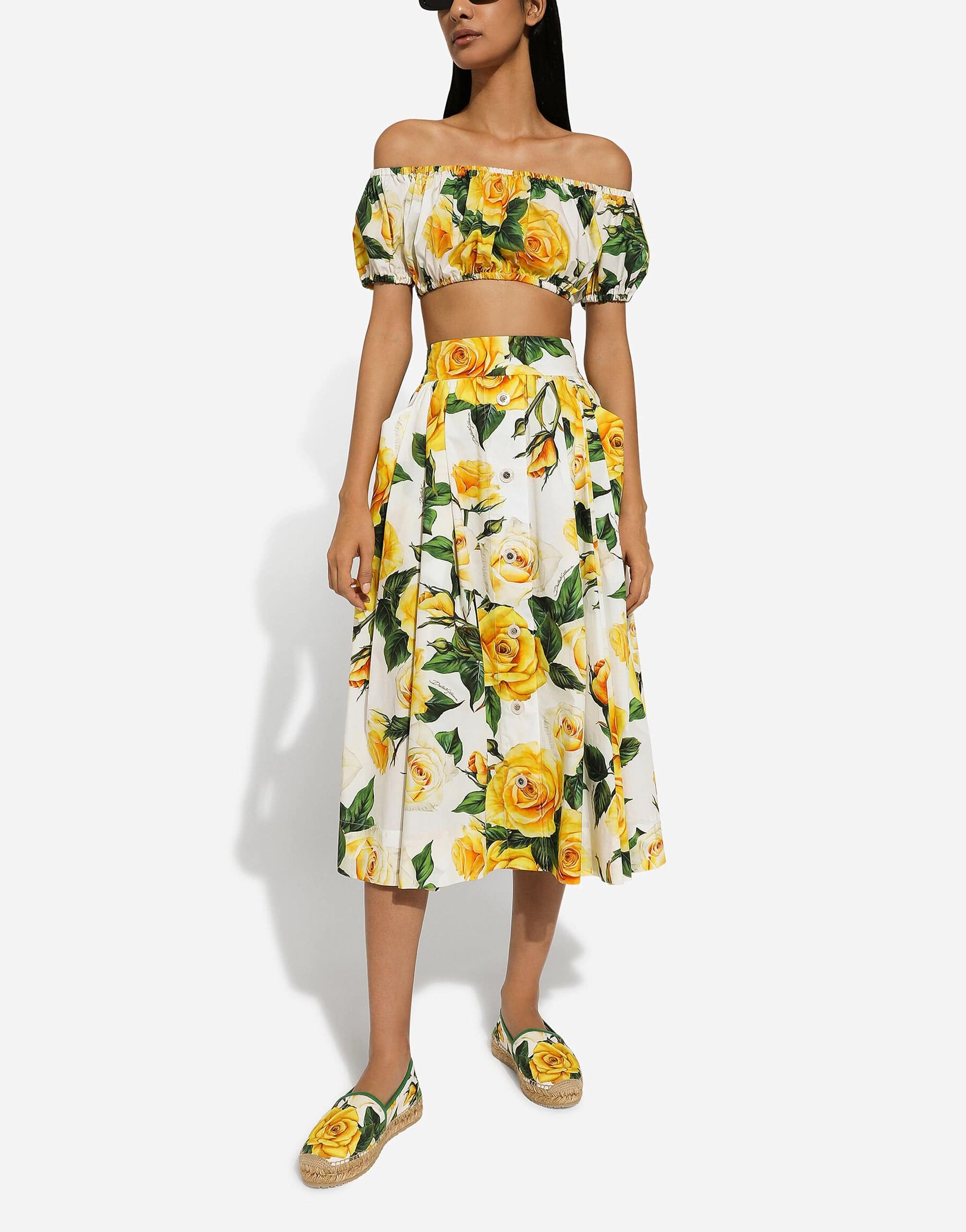 Dolce & Gabbana Rose-Print Cotton Midi Skirt