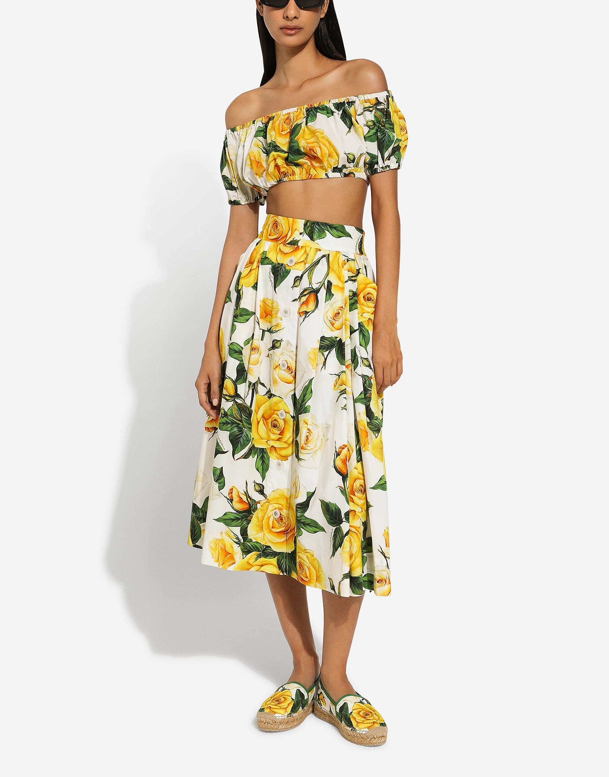 Dolce & Gabbana Rose-Print Cotton Midi Skirt