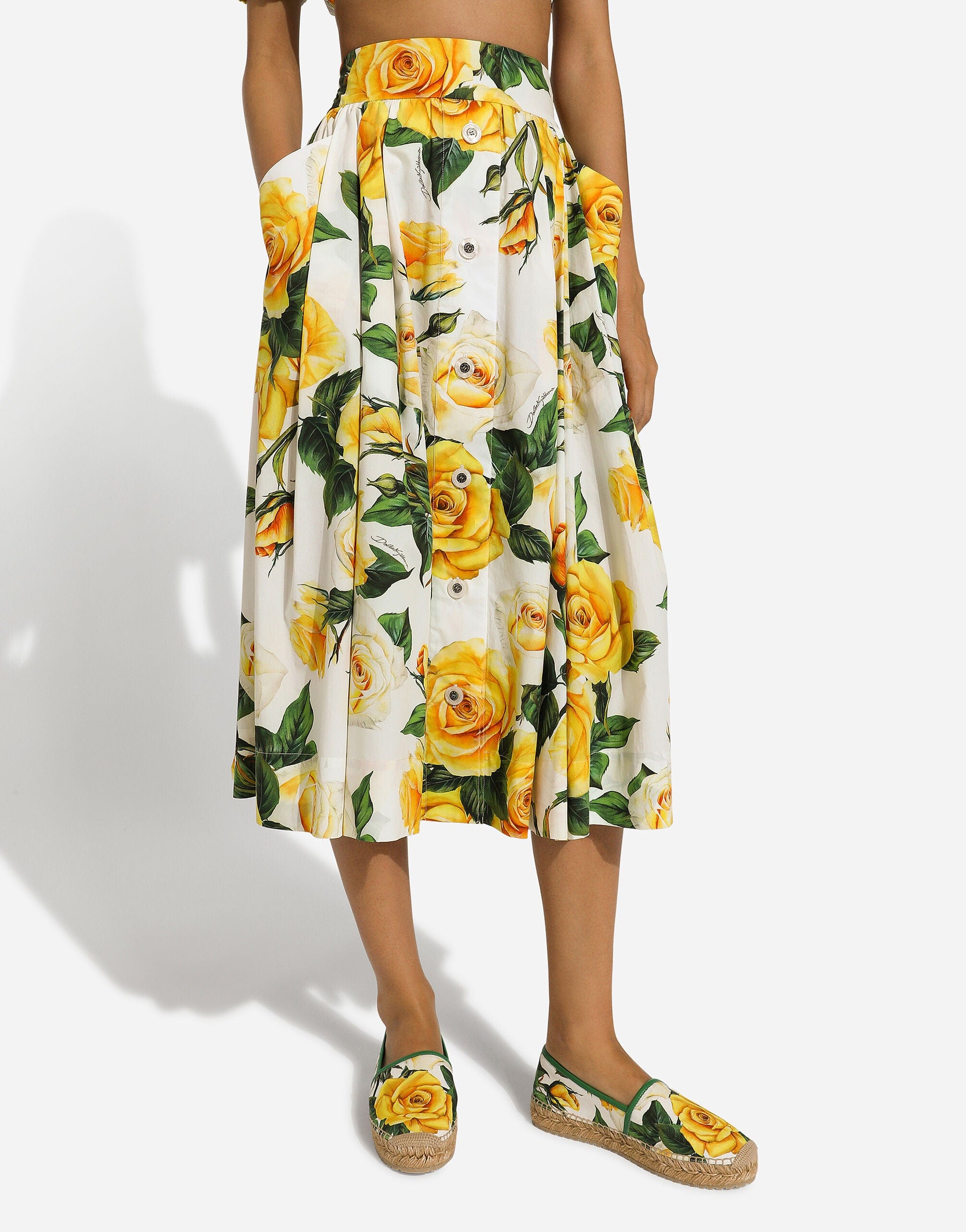 Dolce & Gabbana Rose-Print Cotton Midi Skirt