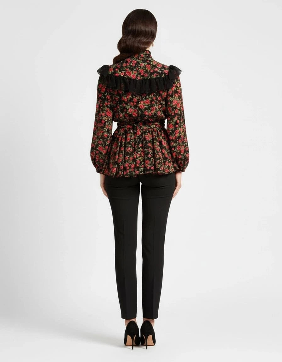 Dolce & Gabbana Rose-Print Ruffle-Trimmed Silk Blouse