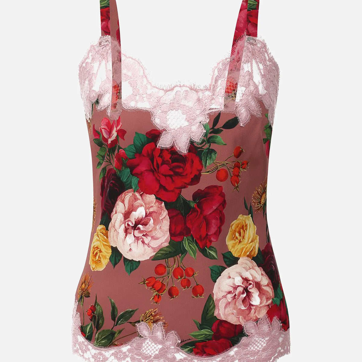 Dolce & Gabbana Rose Print Silk Camisole with Lace Trim | Sendegaro