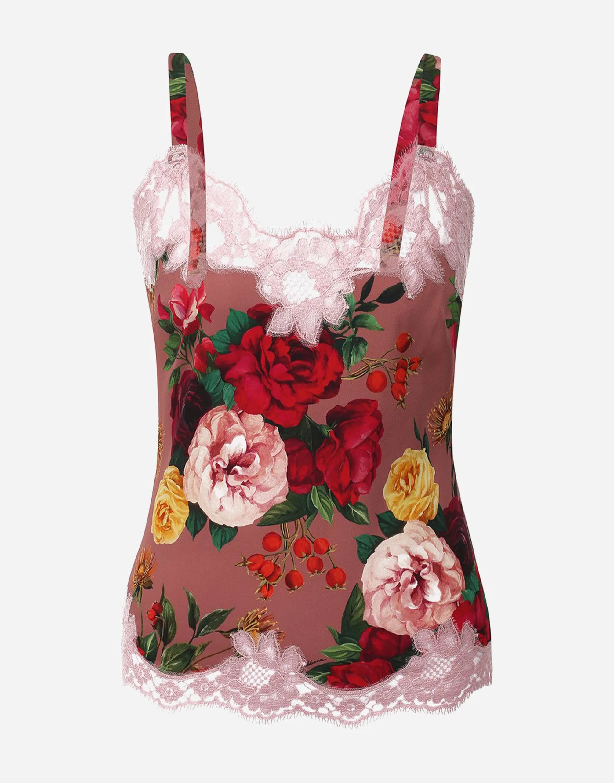 Dolce & Gabbana Rose Print Silk Camisole with Lace Trim