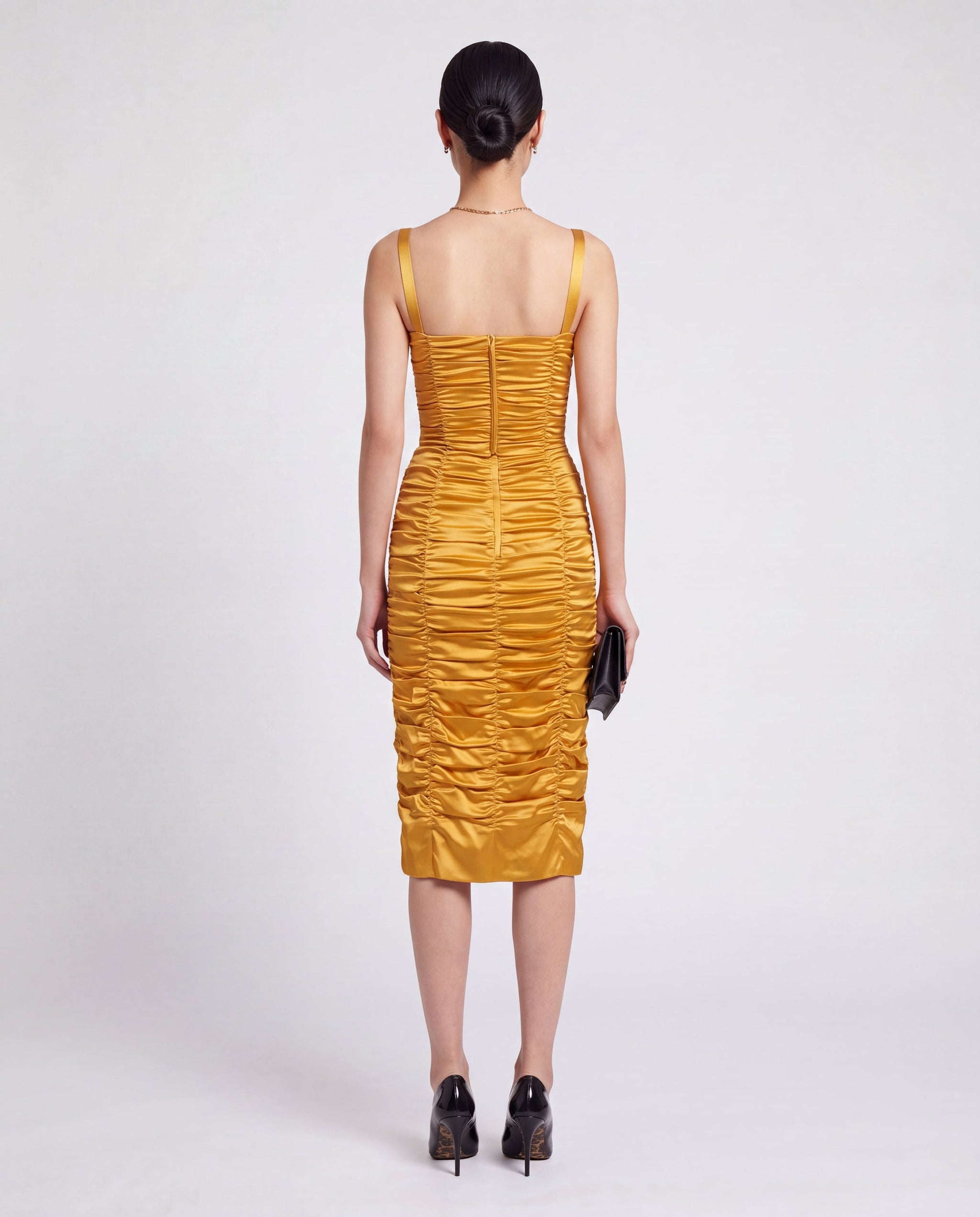 gold ruched midi dress Champagne Gold Strapless Ruched Midi Dress 4