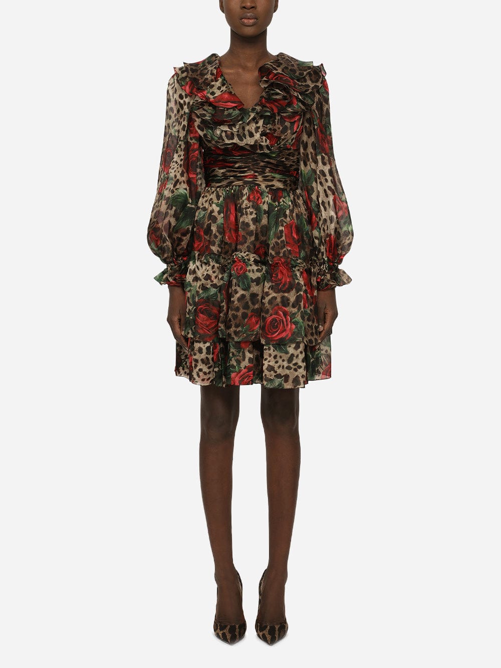 Dolce & Gabbana Ruffled Leopard-Print Silk-Chiffon Dress