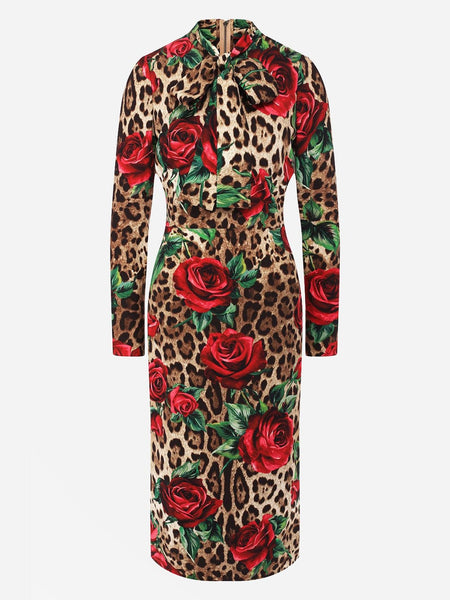 Rose & Leopard Print Charmeuse Dress