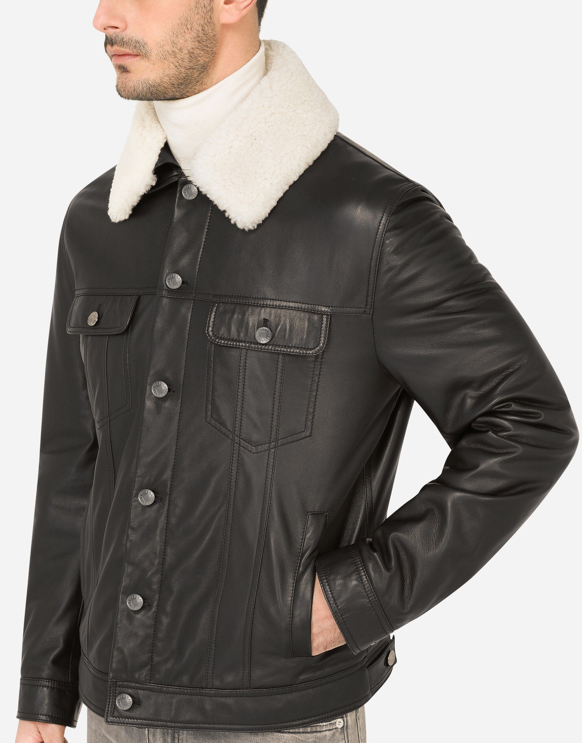 Dolce & Gabbana Shearling Collar Leather Jacket