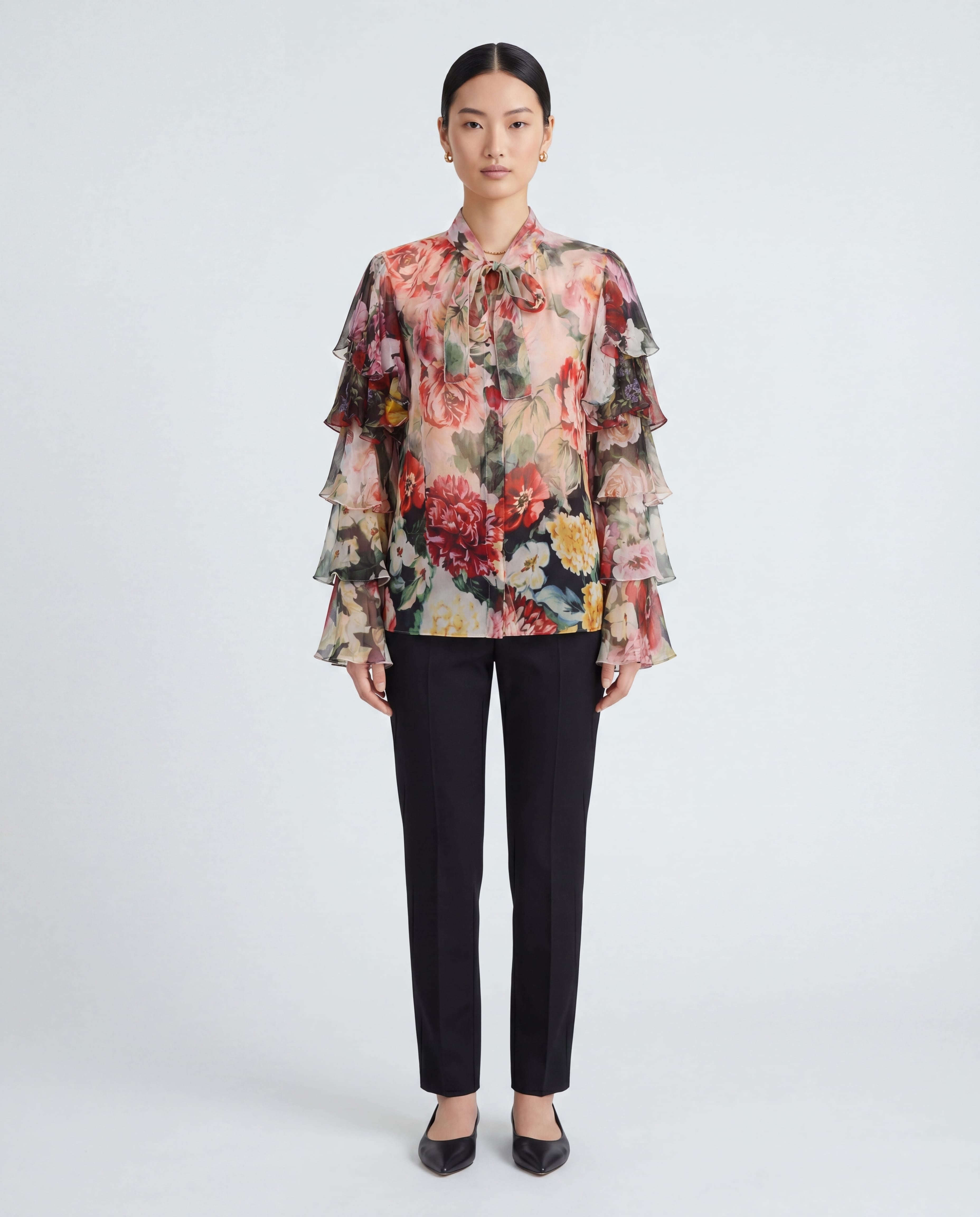 Dolce & Gabbana 透け感のある花柄ラッフルシルクブラウス | Sendegaro JP