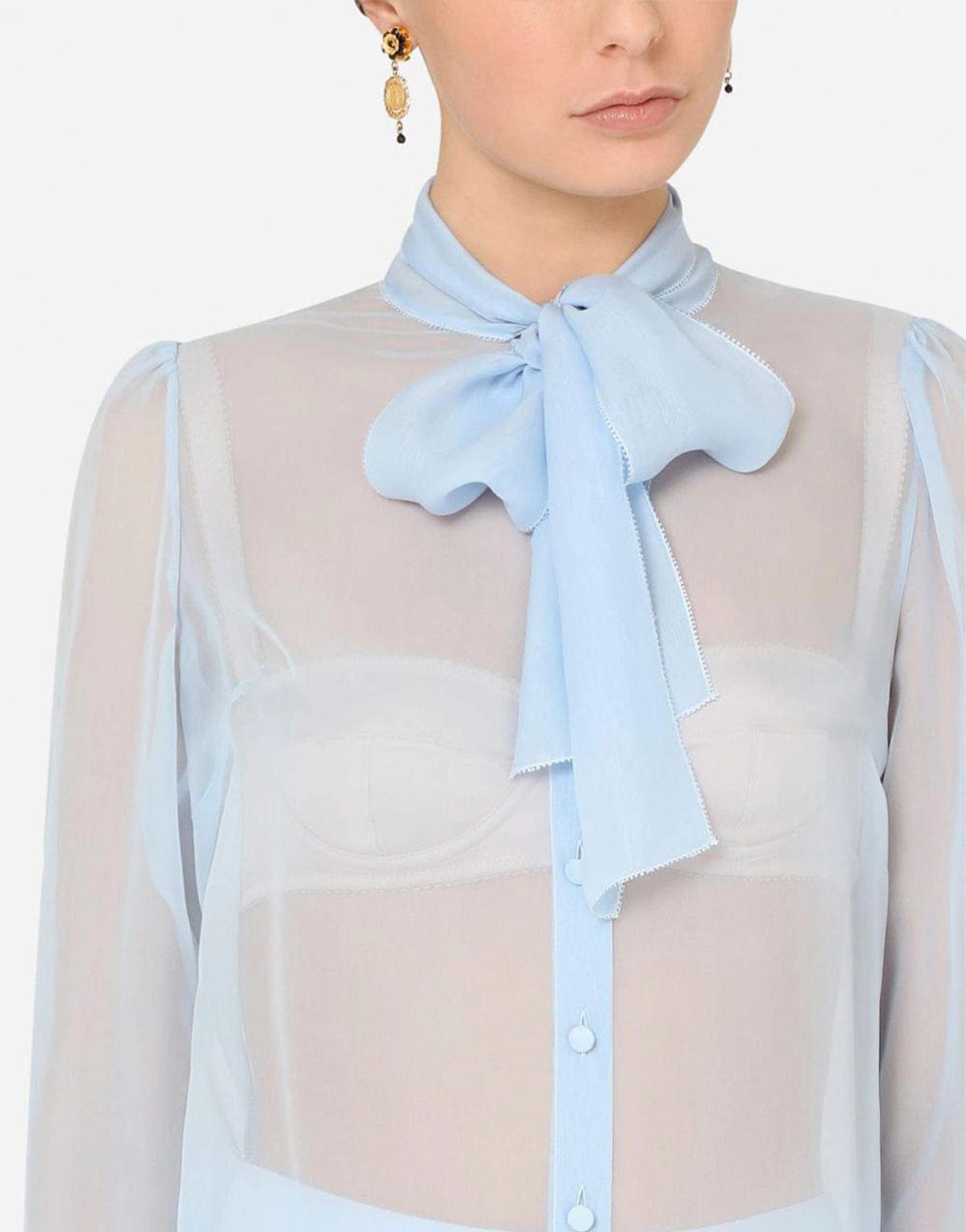 Sheer Silk Chiffon Shirt With Bow Collar